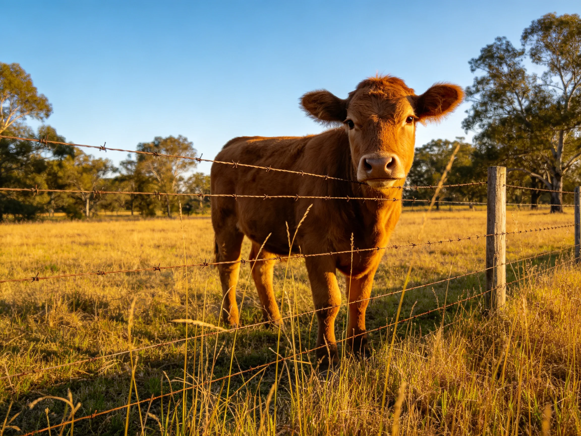 A brown cow near a barbed wire fence in a golden field