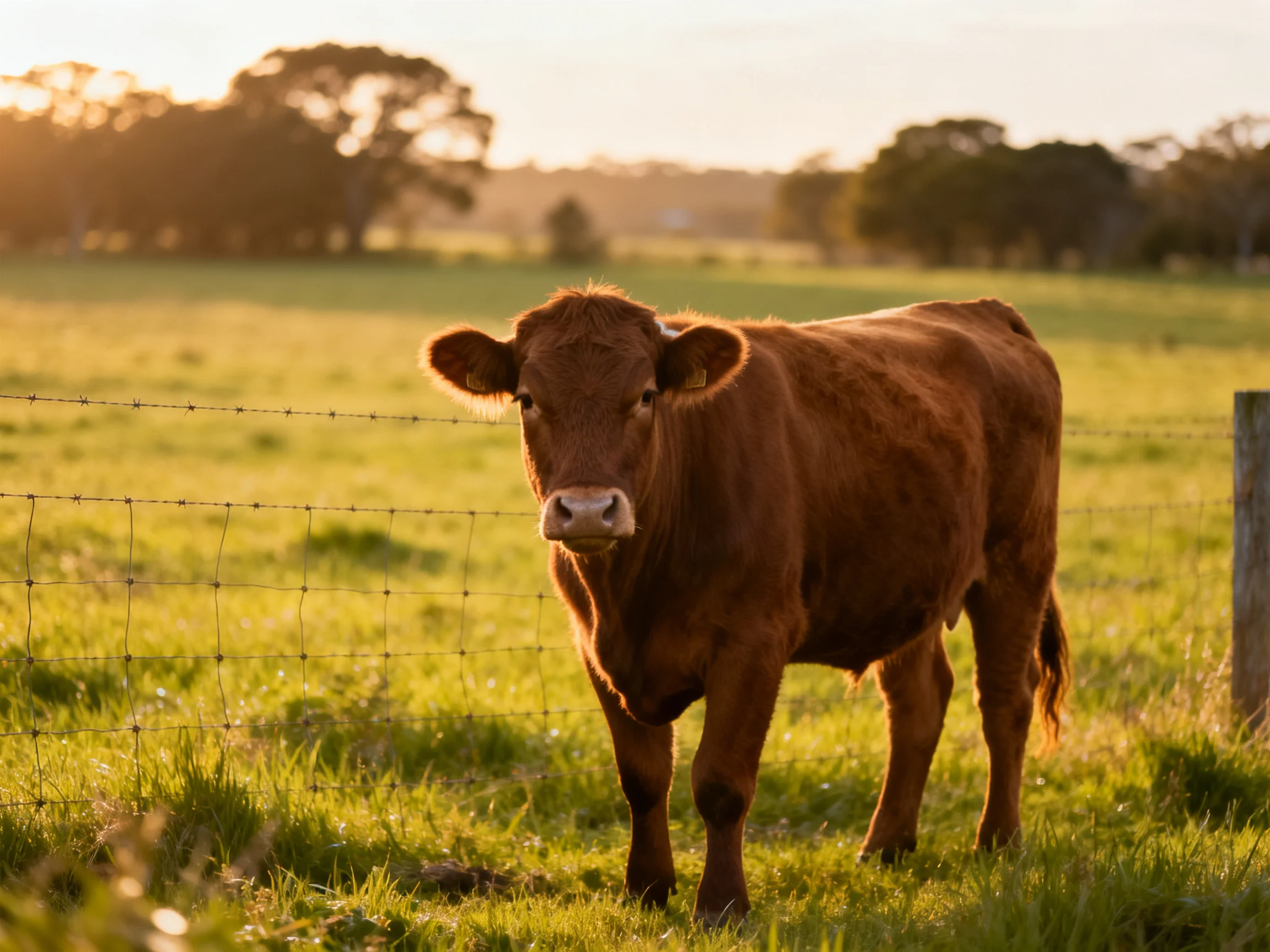 A brown cow near a barbed wire fence in a sunlit green field