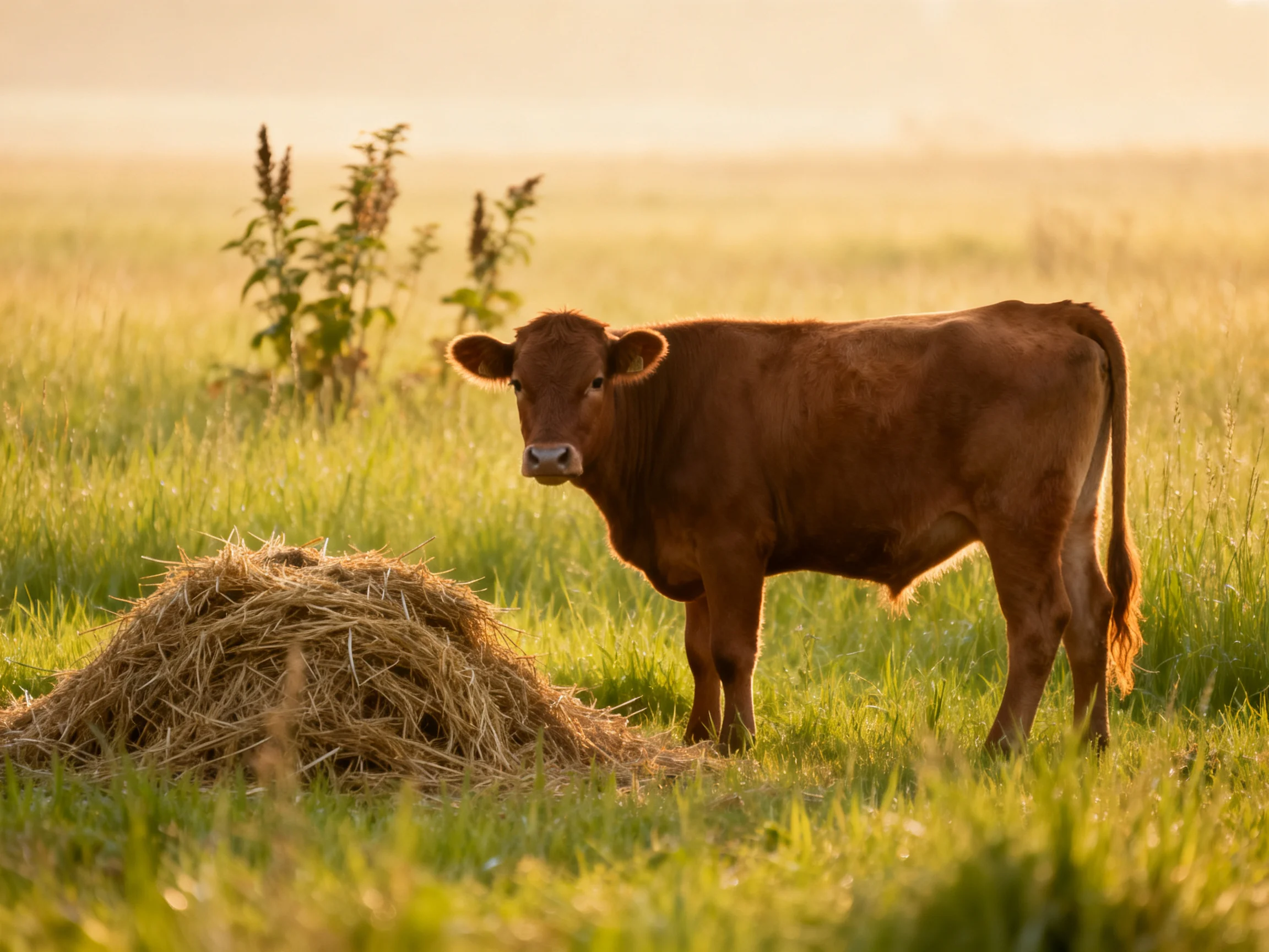 A brown cow near a large hay pile in a sunlit meadow