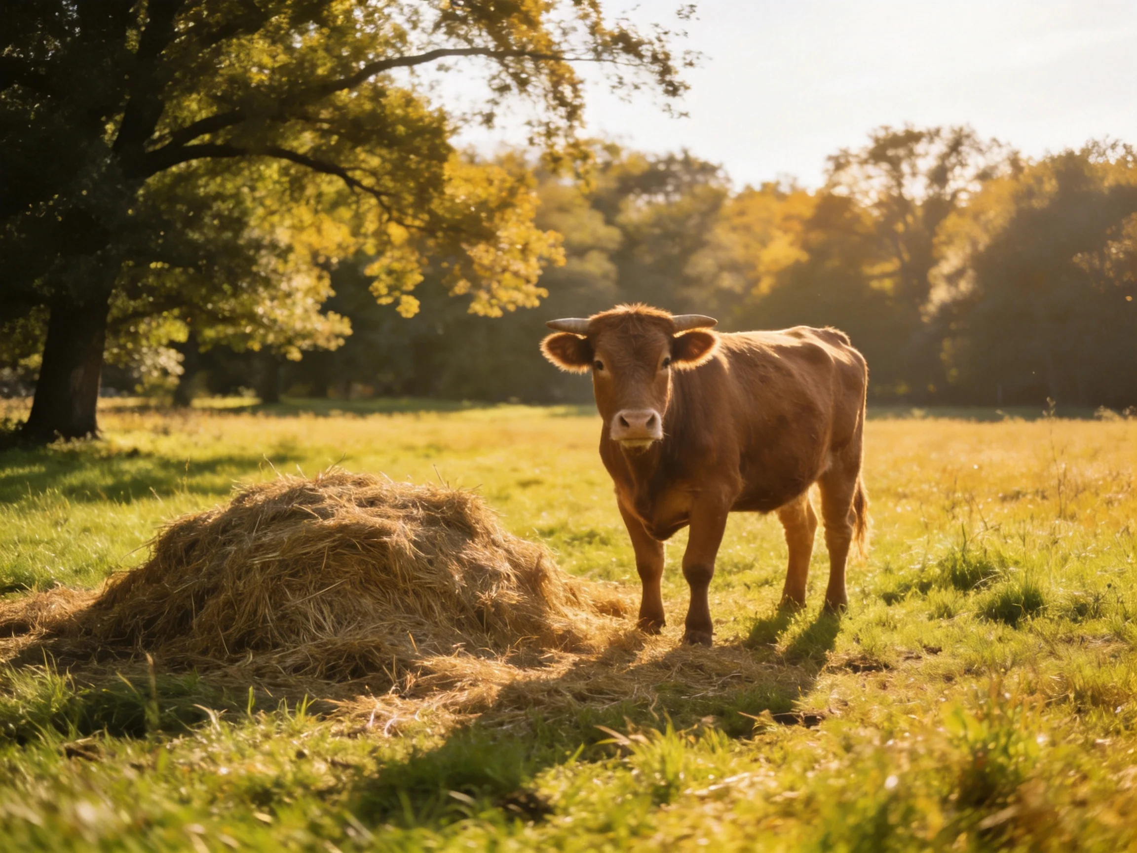 A brown cow near a large hay pile in a sunlit meadow