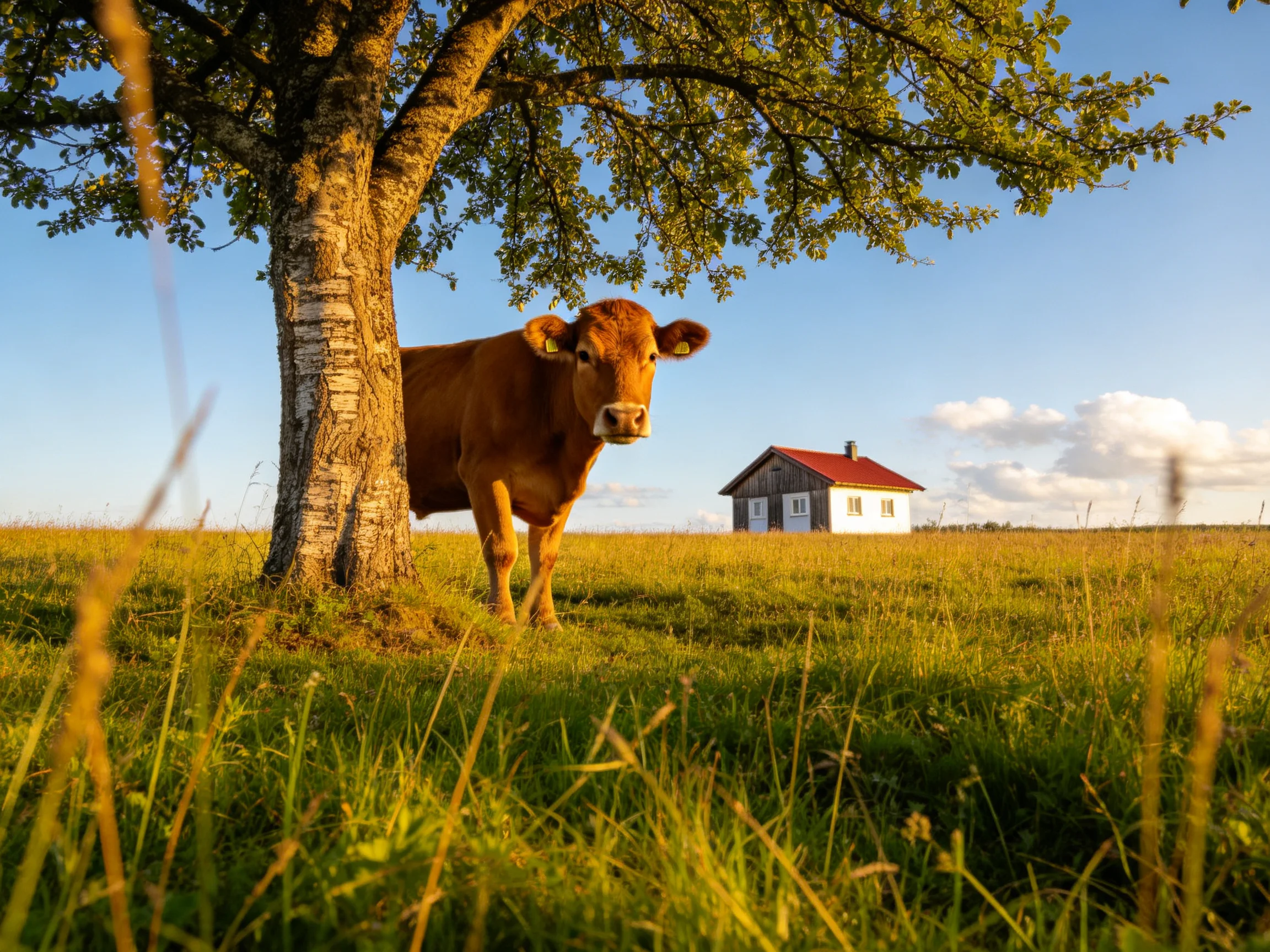 A brown cow near a large tree with a red-roofed house in a sunny field