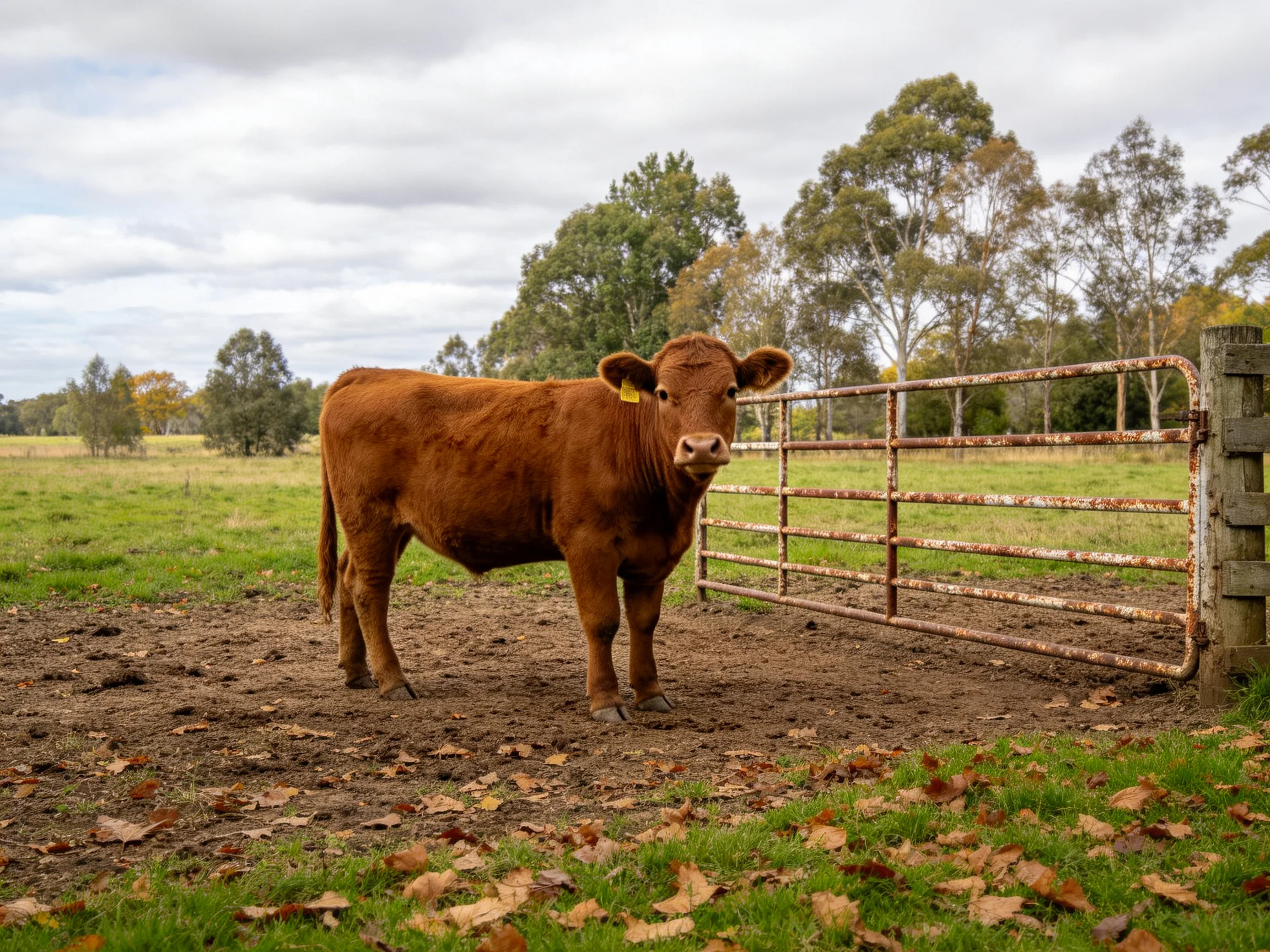 A brown cow near a rusted metal gate in a grassy field