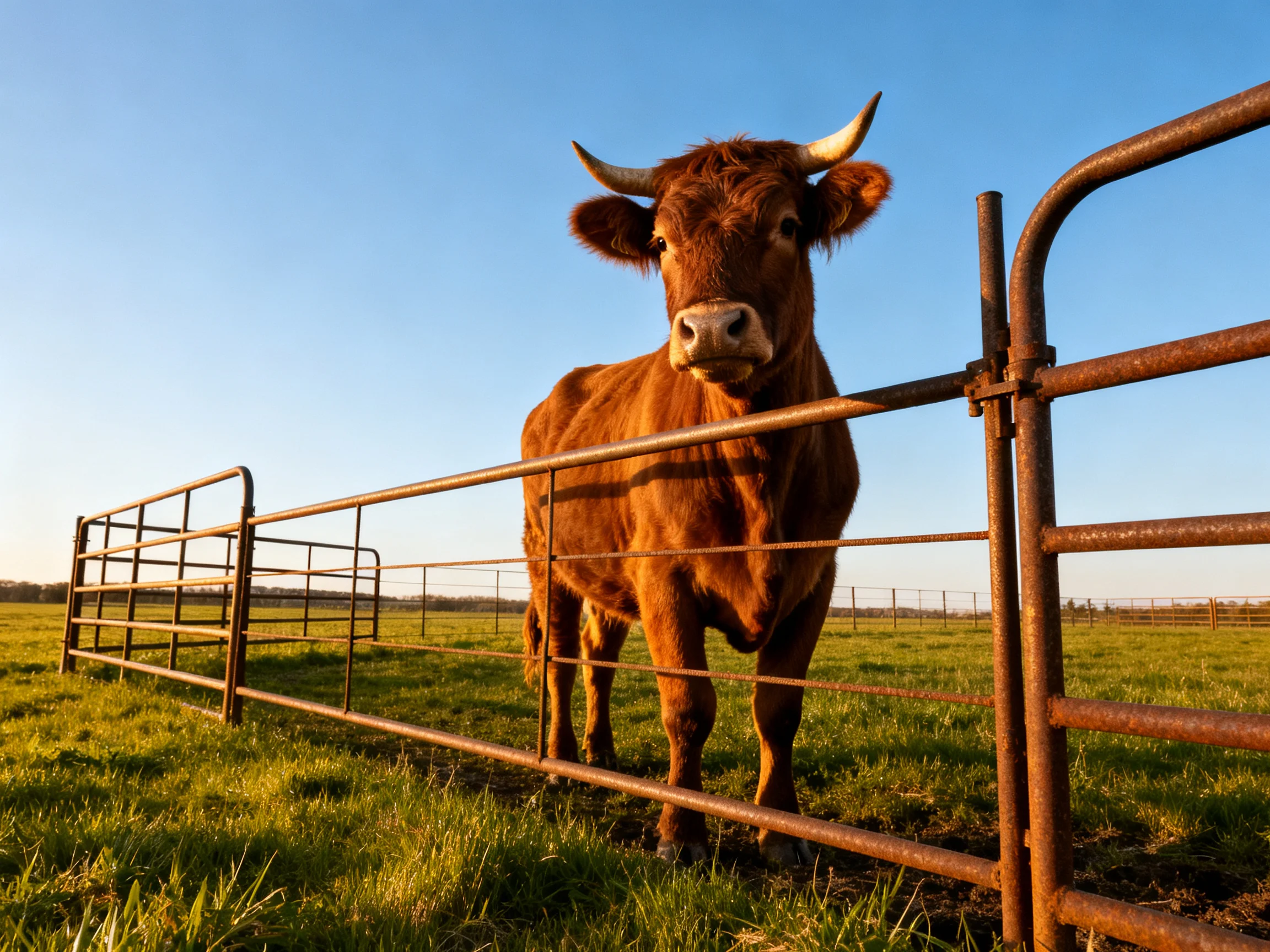 A brown cow near a rusty metal fence in a green pasture