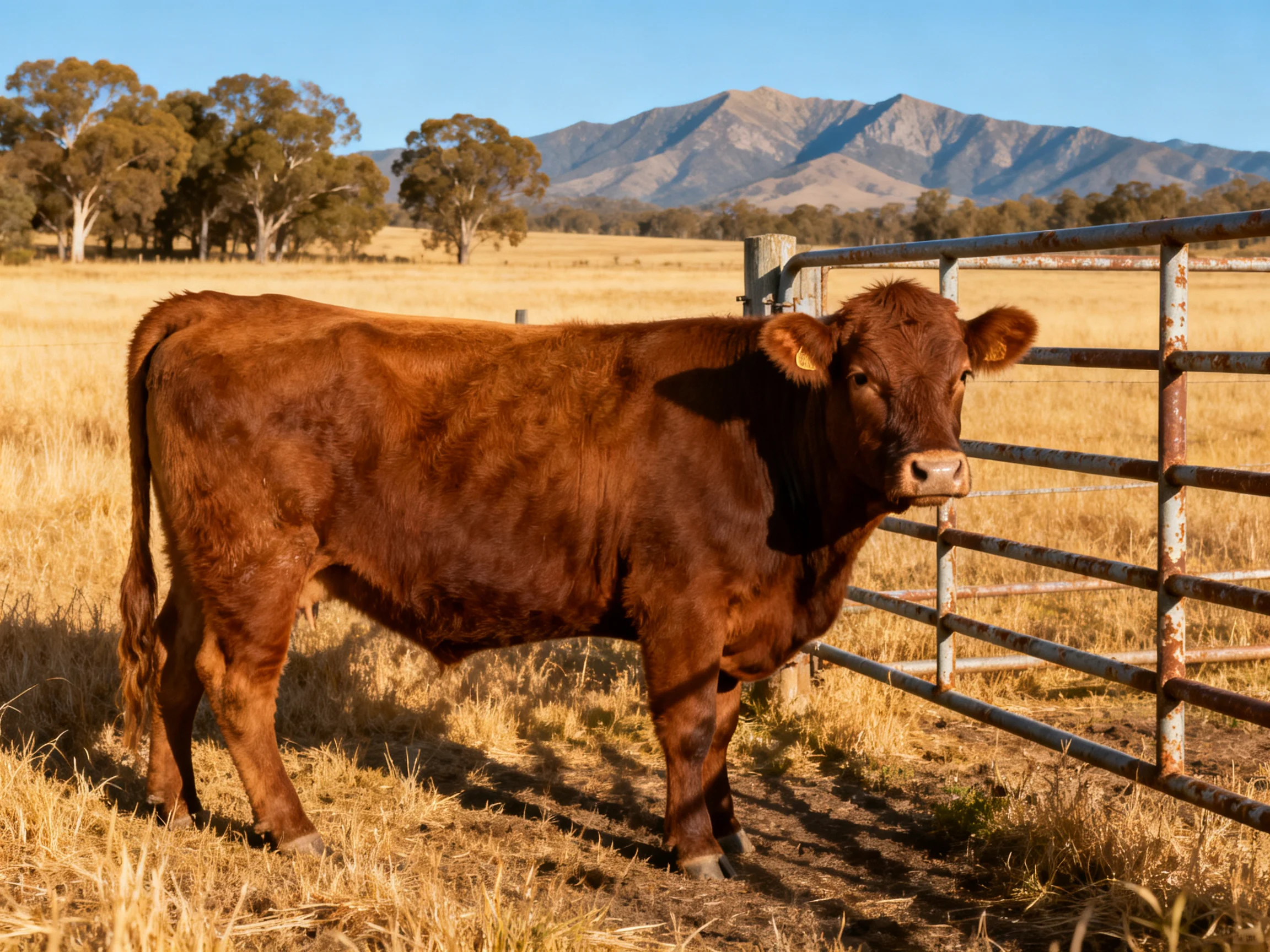 A brown cow near a rusty metal gate in a golden field