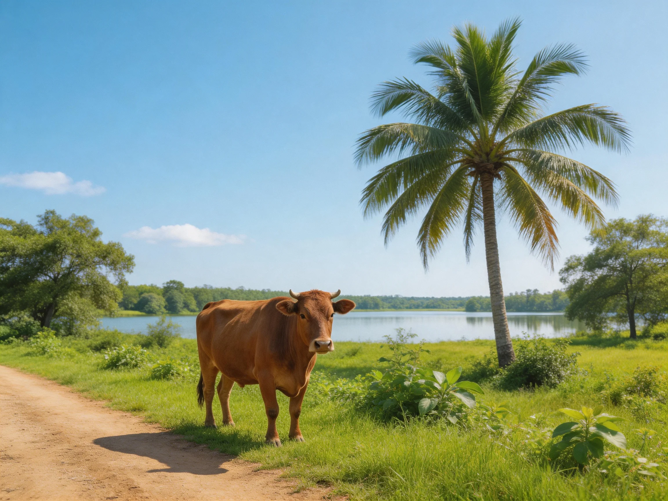 A brown cow near a tall palm tree by a serene lake