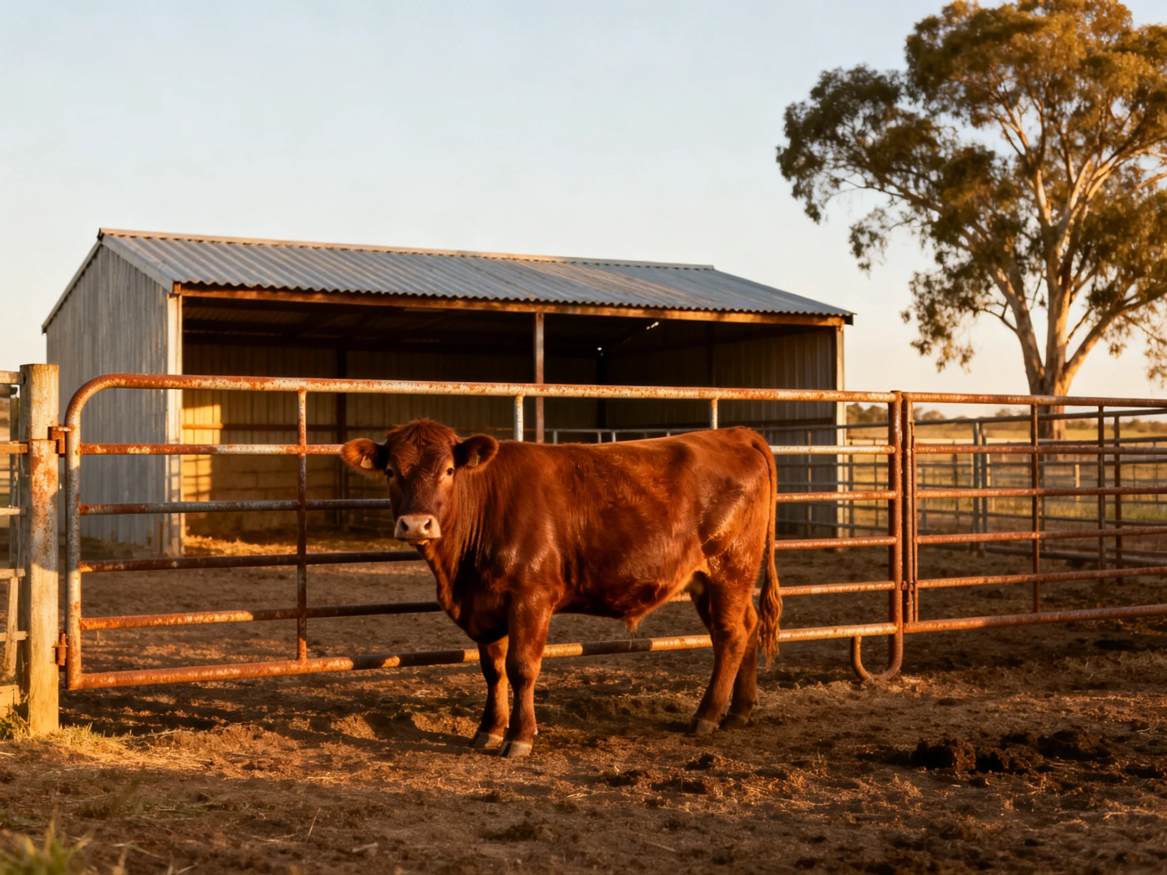 A brown cow near a weathered metal shed and rusted fence