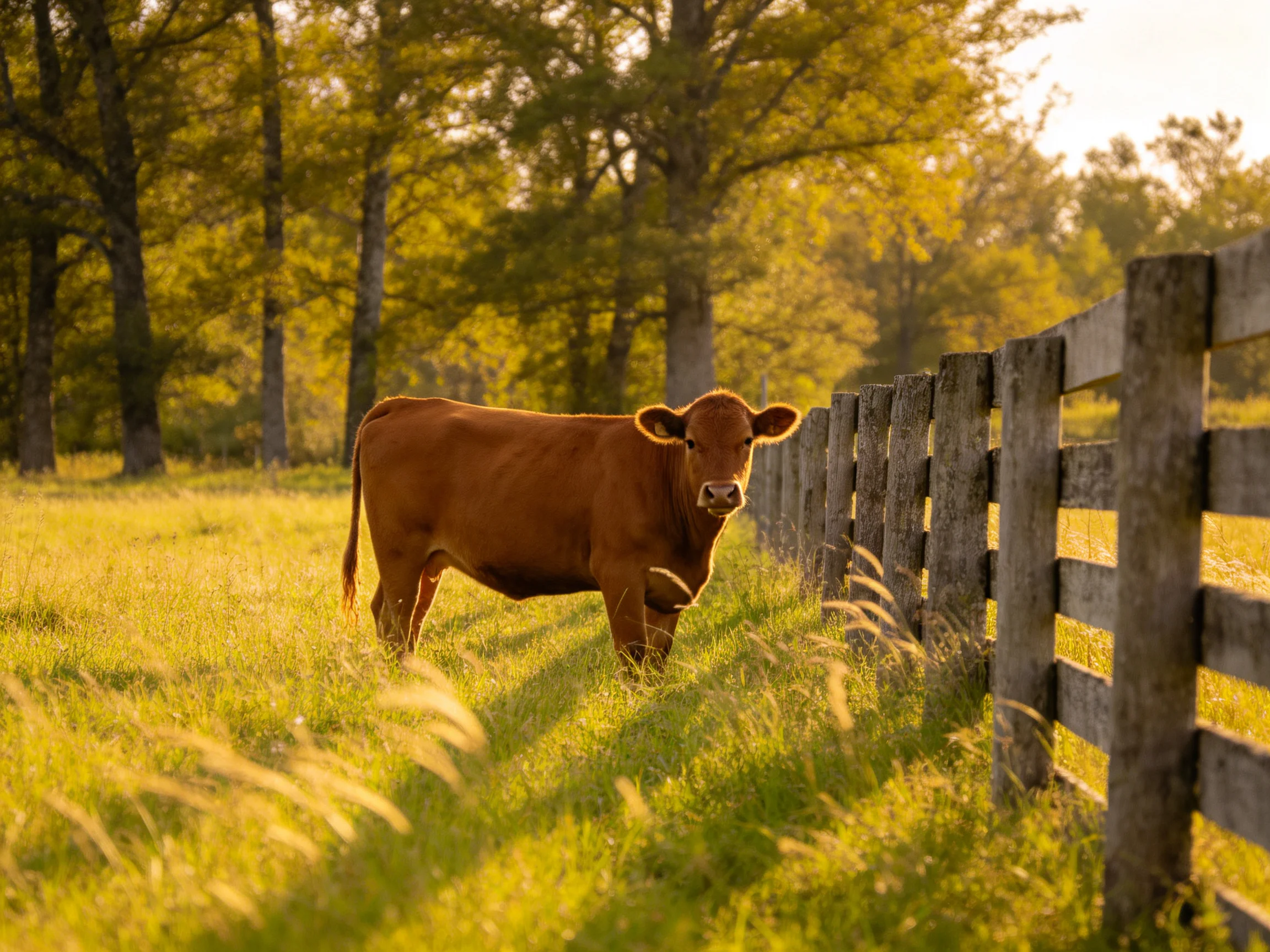A brown cow near a weathered wooden fence in a sunlit meadow