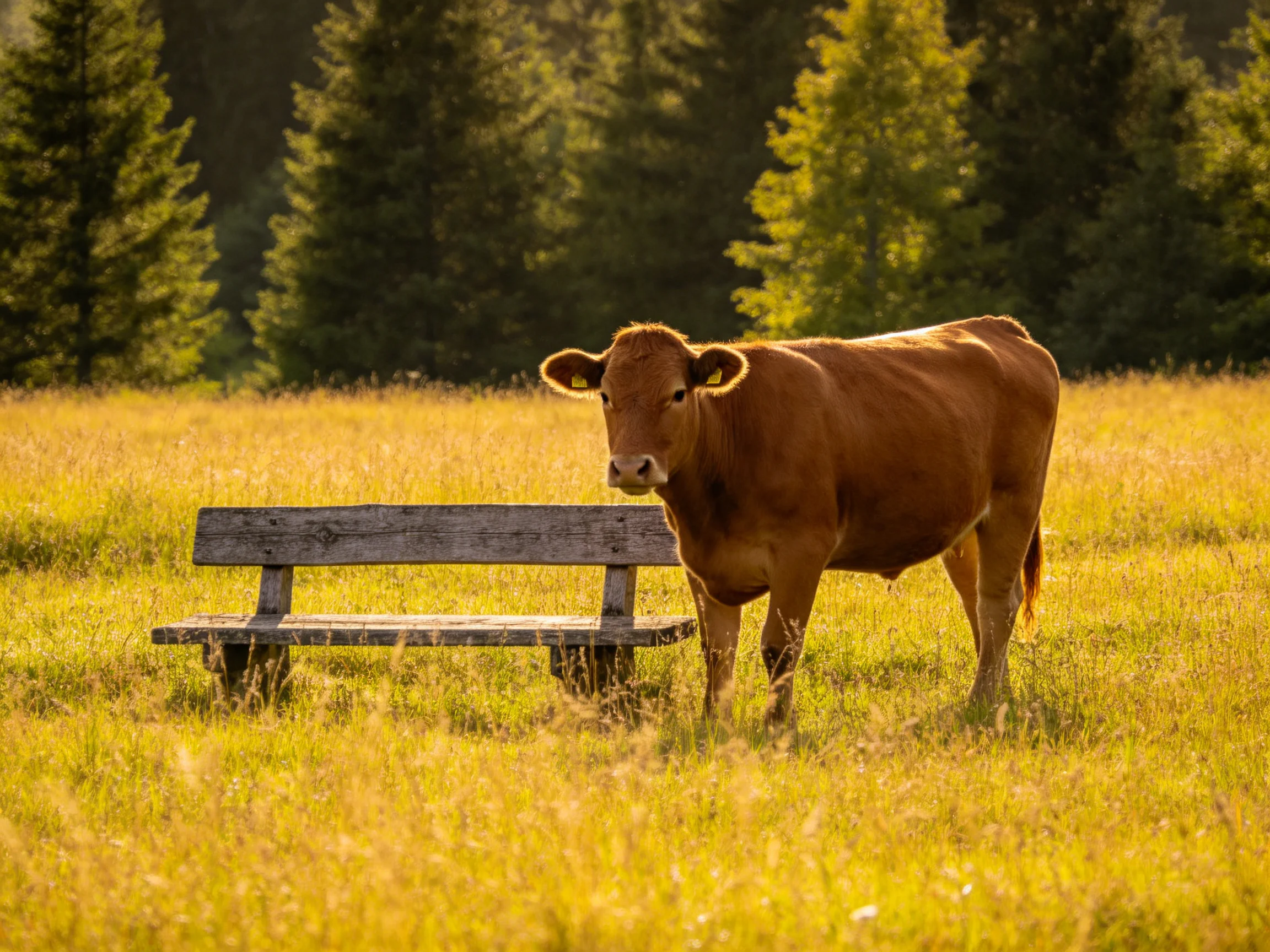A brown cow near an aged wooden bench in a golden meadow