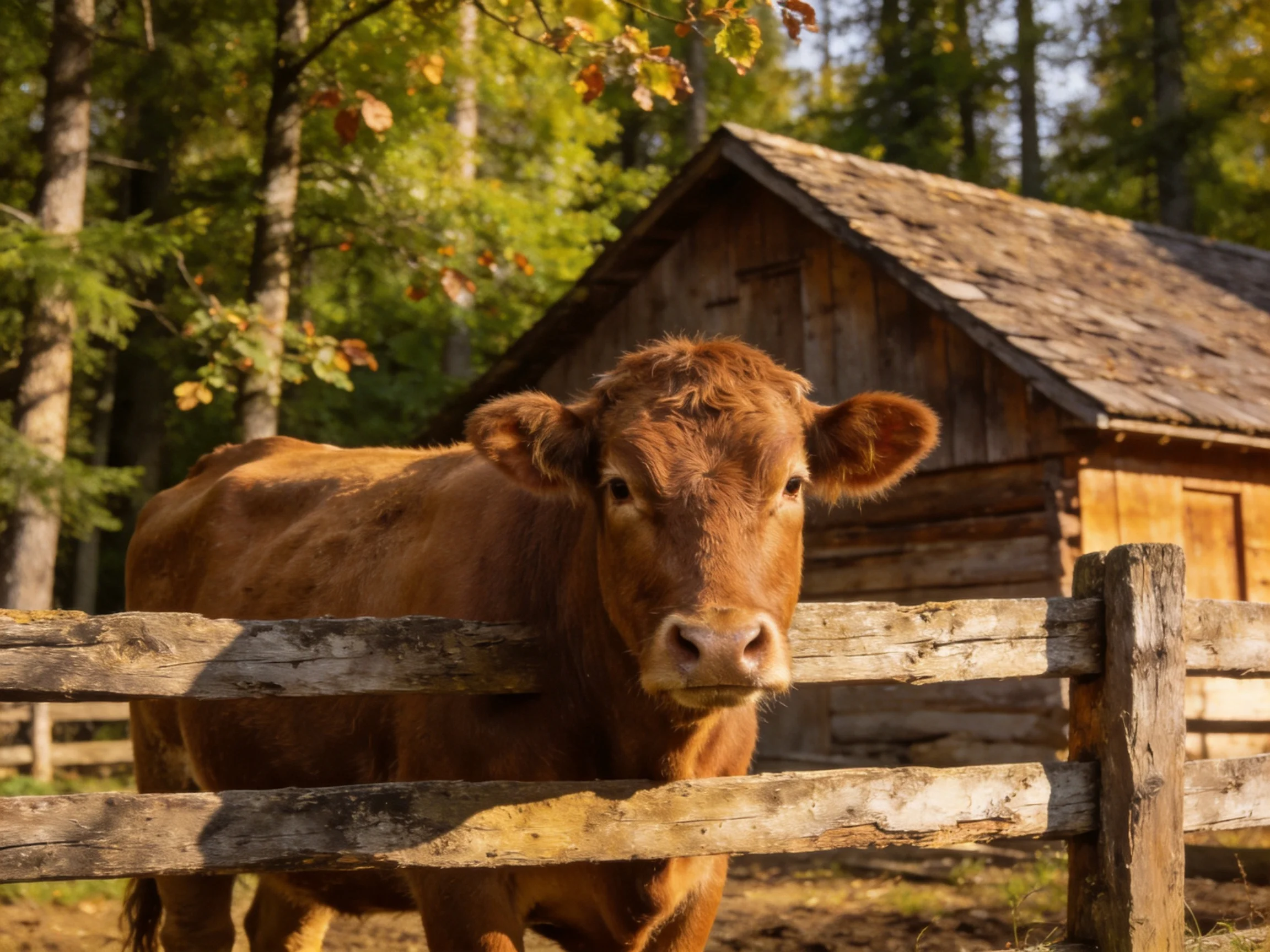 A brown cow near an aged wooden cabin by a weathered fence