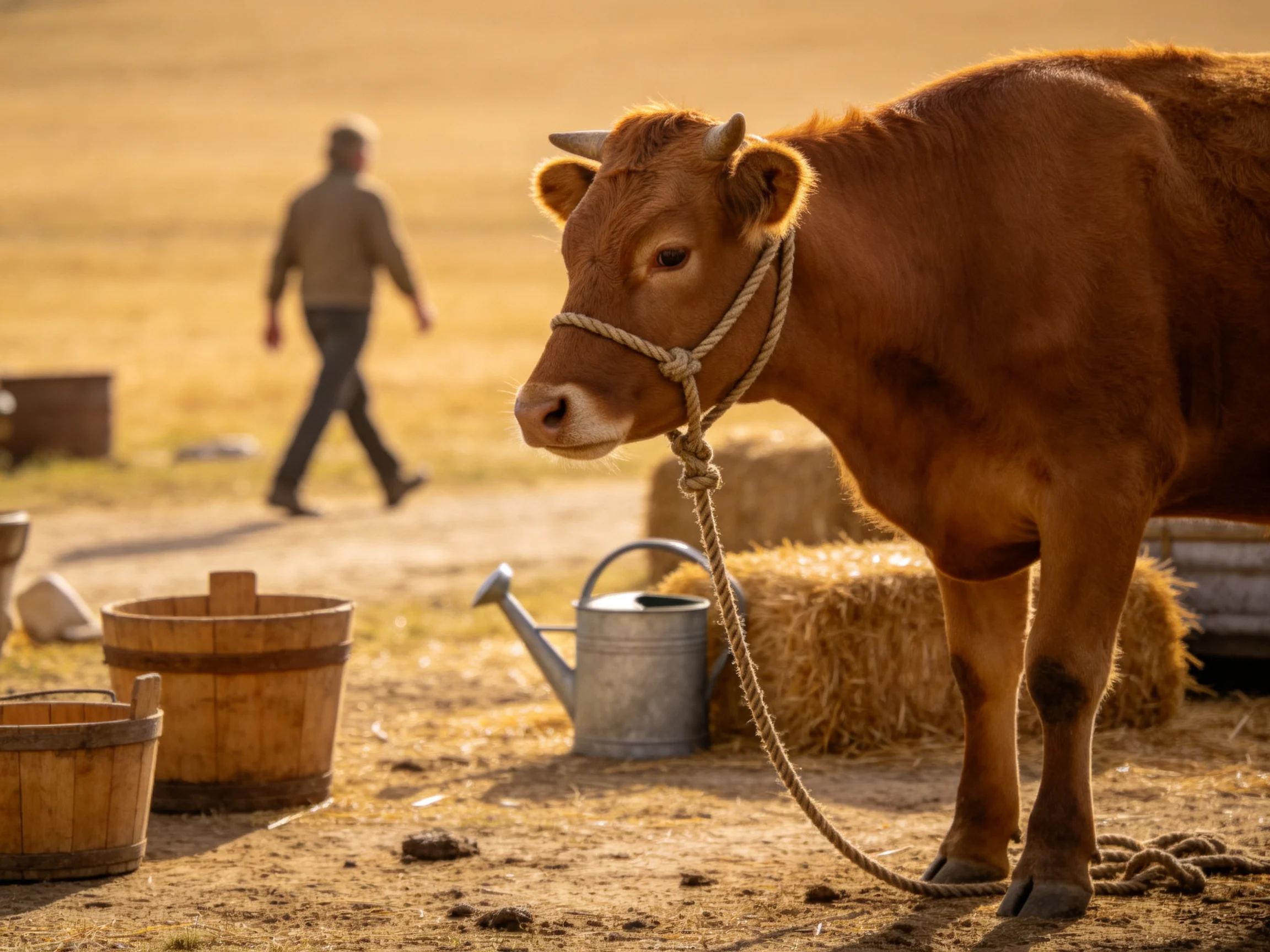 A brown cow near hay bales, wooden buckets, and a silver watering can