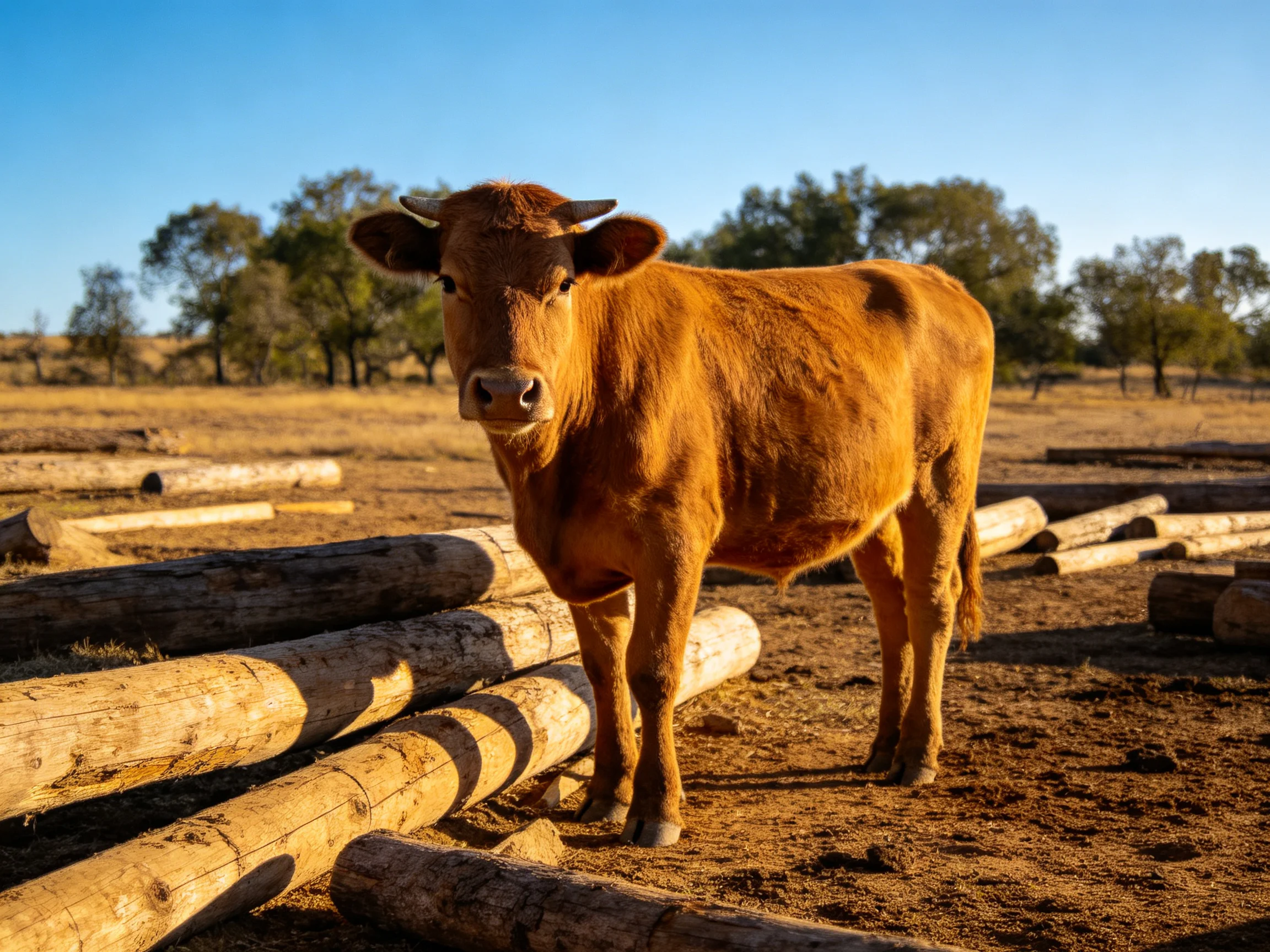 A brown cow near stacked wooden logs in an open field