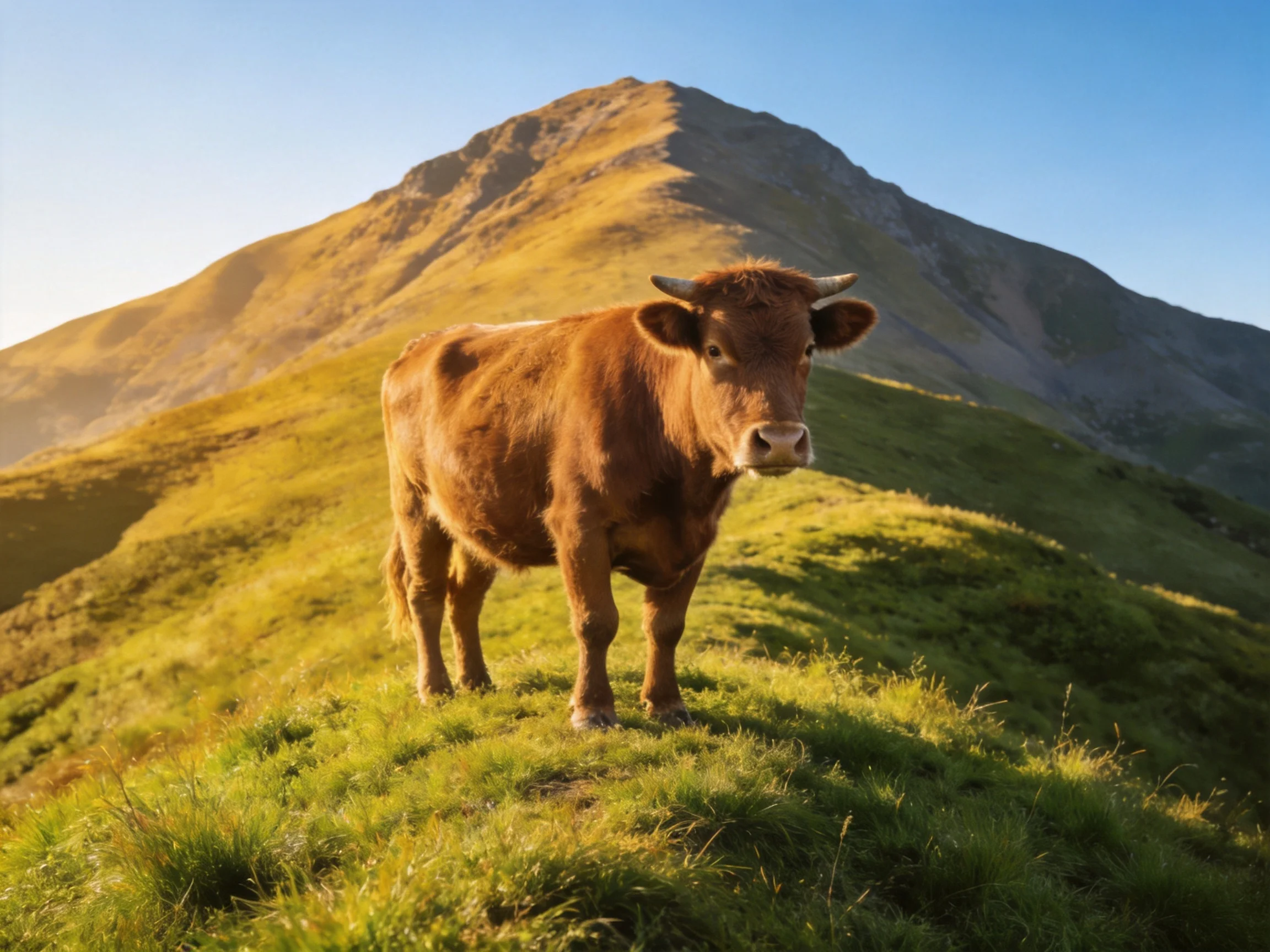 A brown cow on a lush green hillside beside a golden mountain