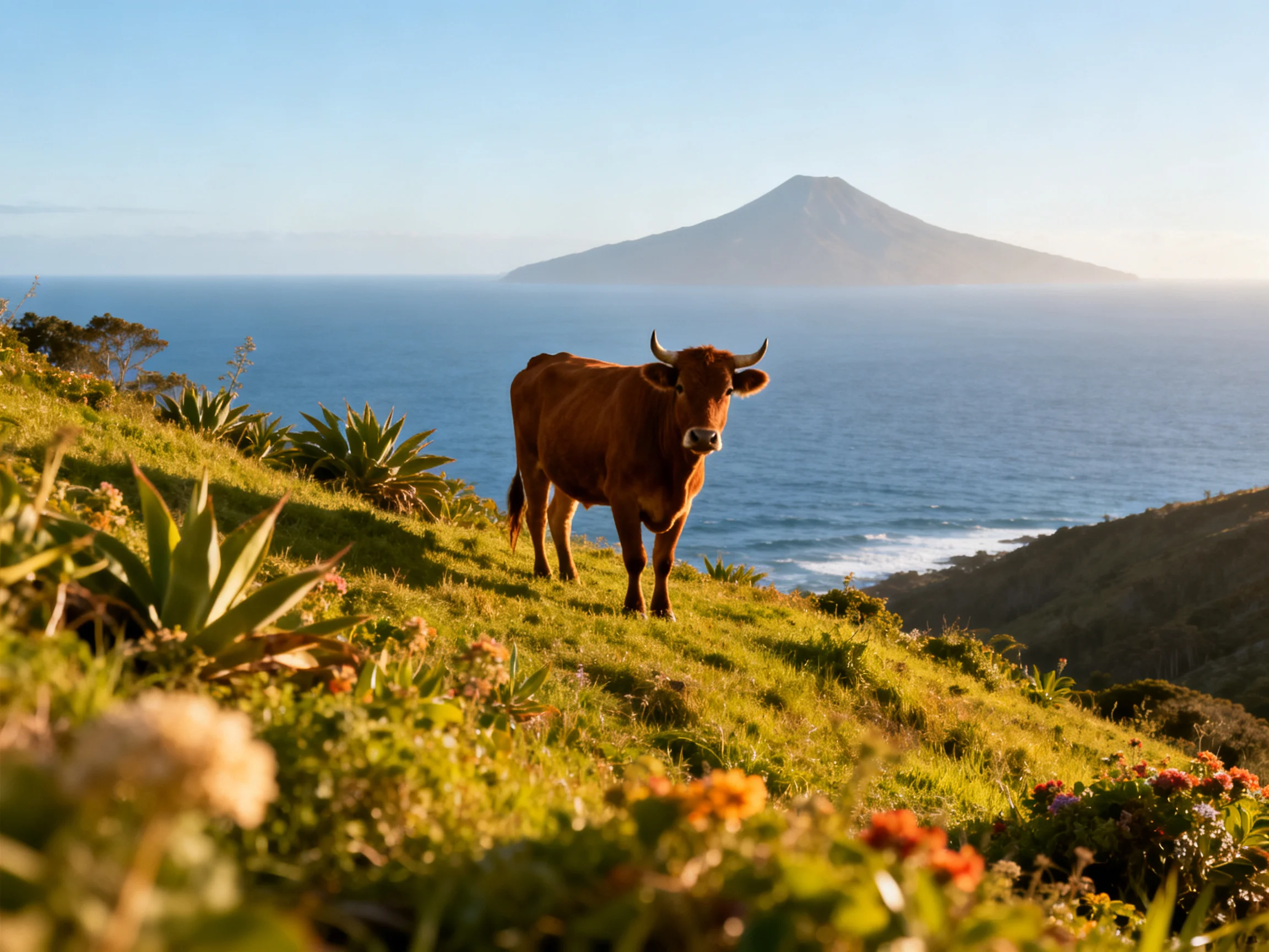A brown cow on a lush green hillside with ocean and distant volcano