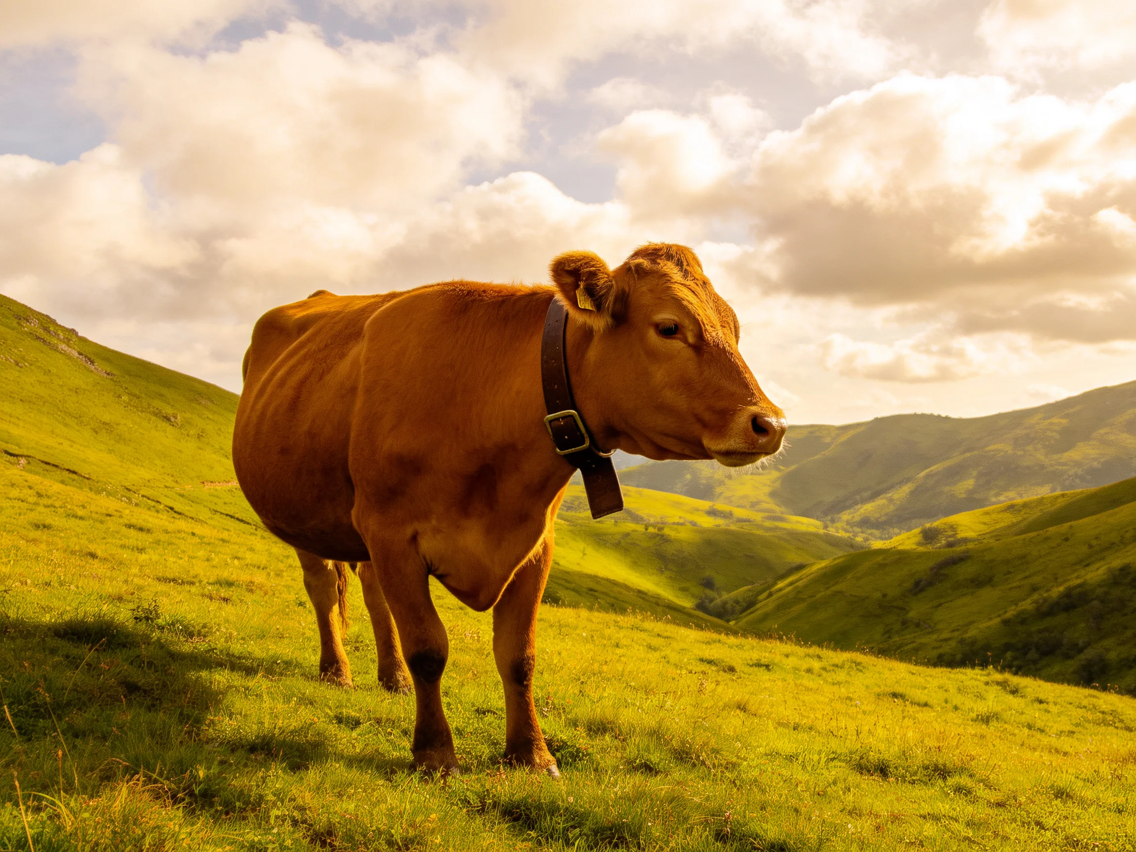 A brown cow on lush green rolling hills under golden sunlight
