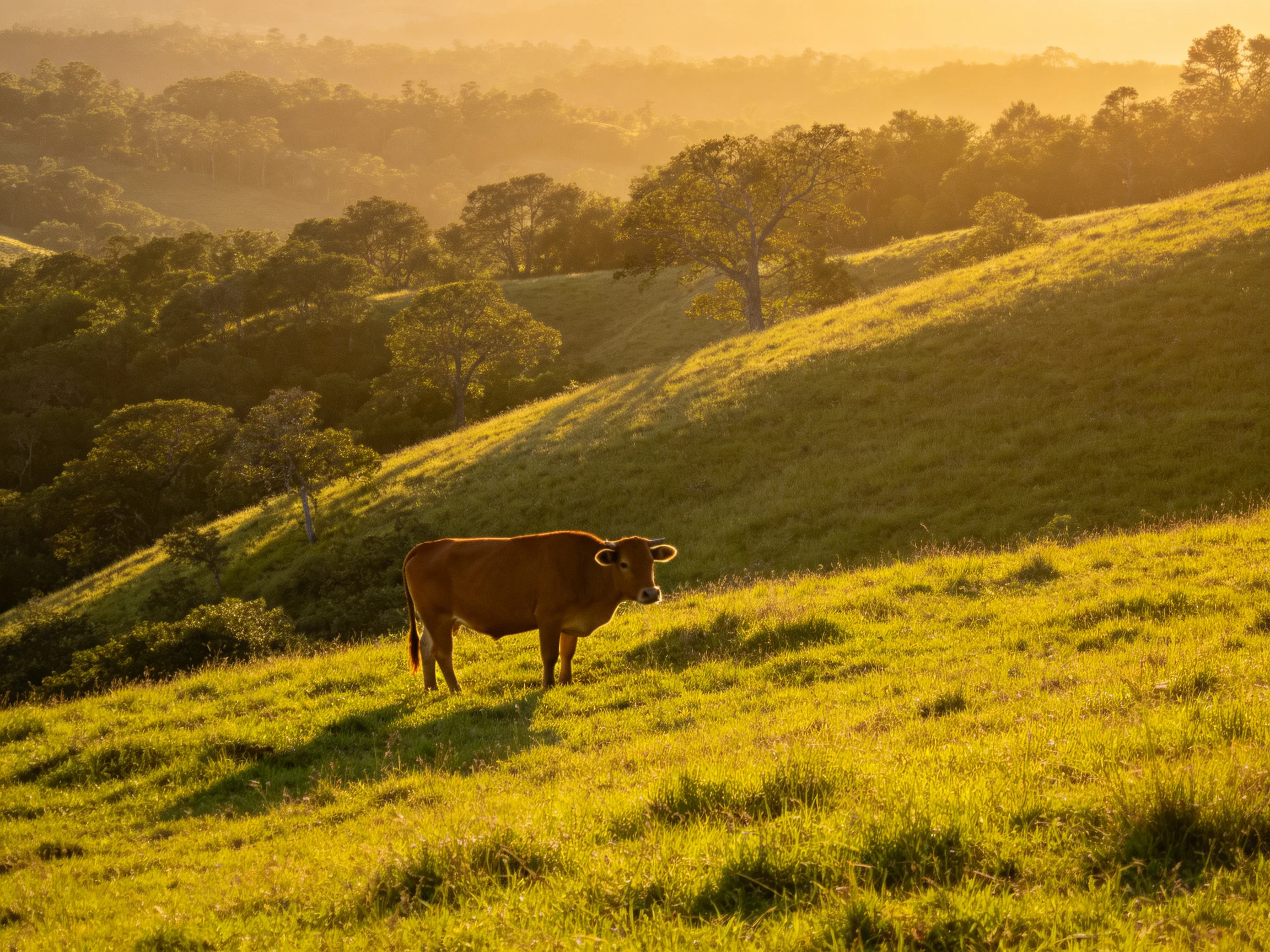 A brown cow on sunlit rolling green hills with golden trees