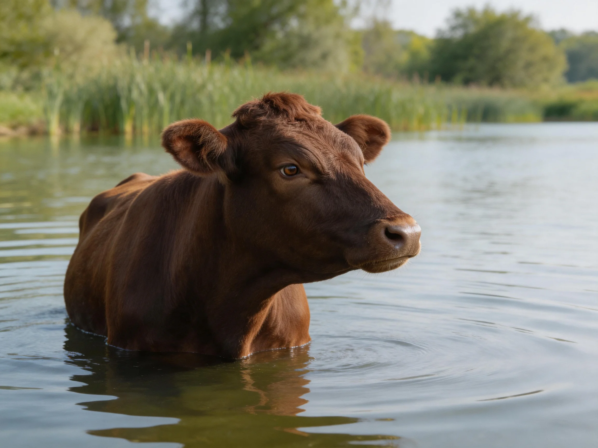 A brown cow partially submerged in calm river waters near tall reeds