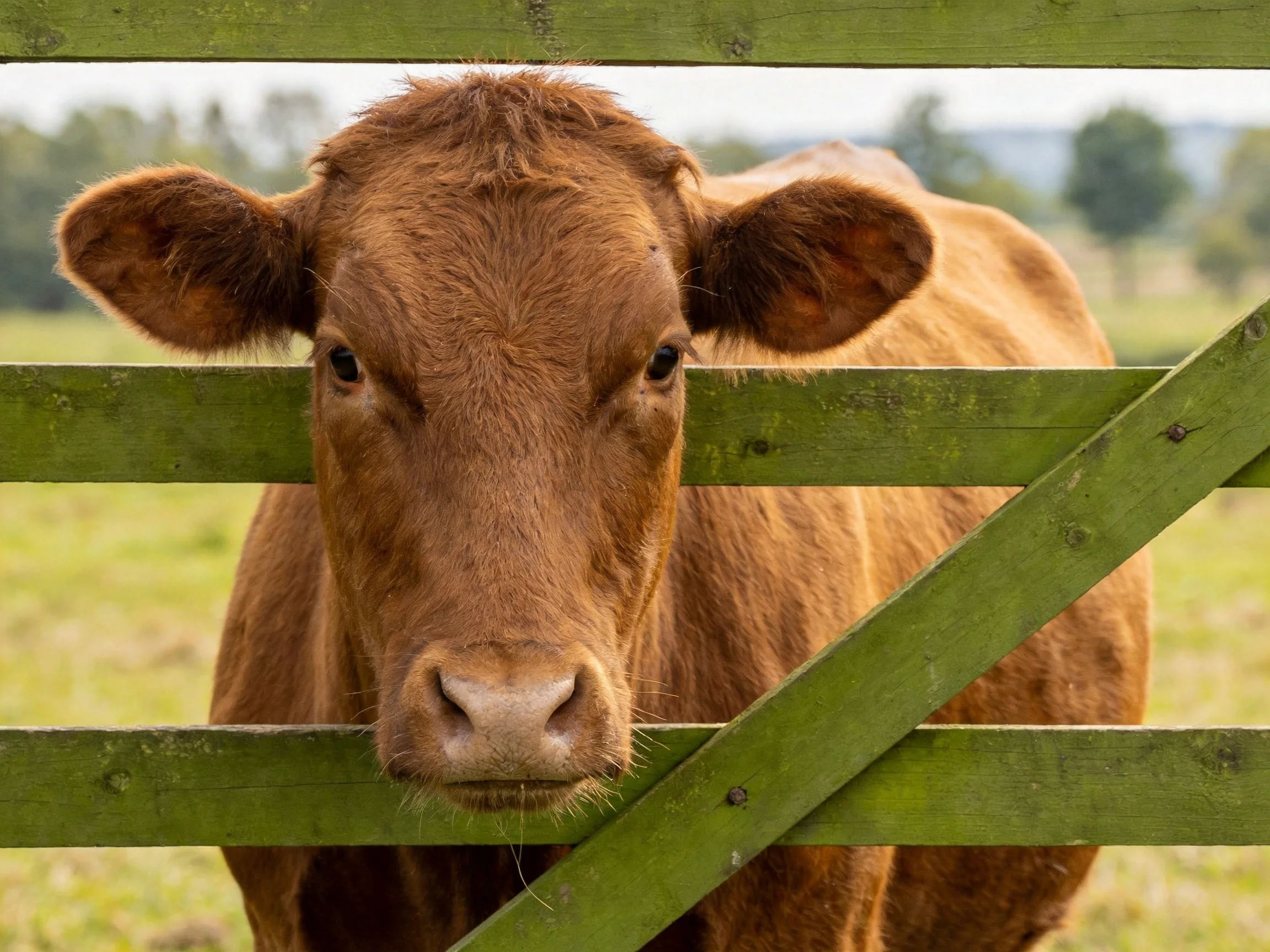 A brown cow peering through a green wooden fence in an open field