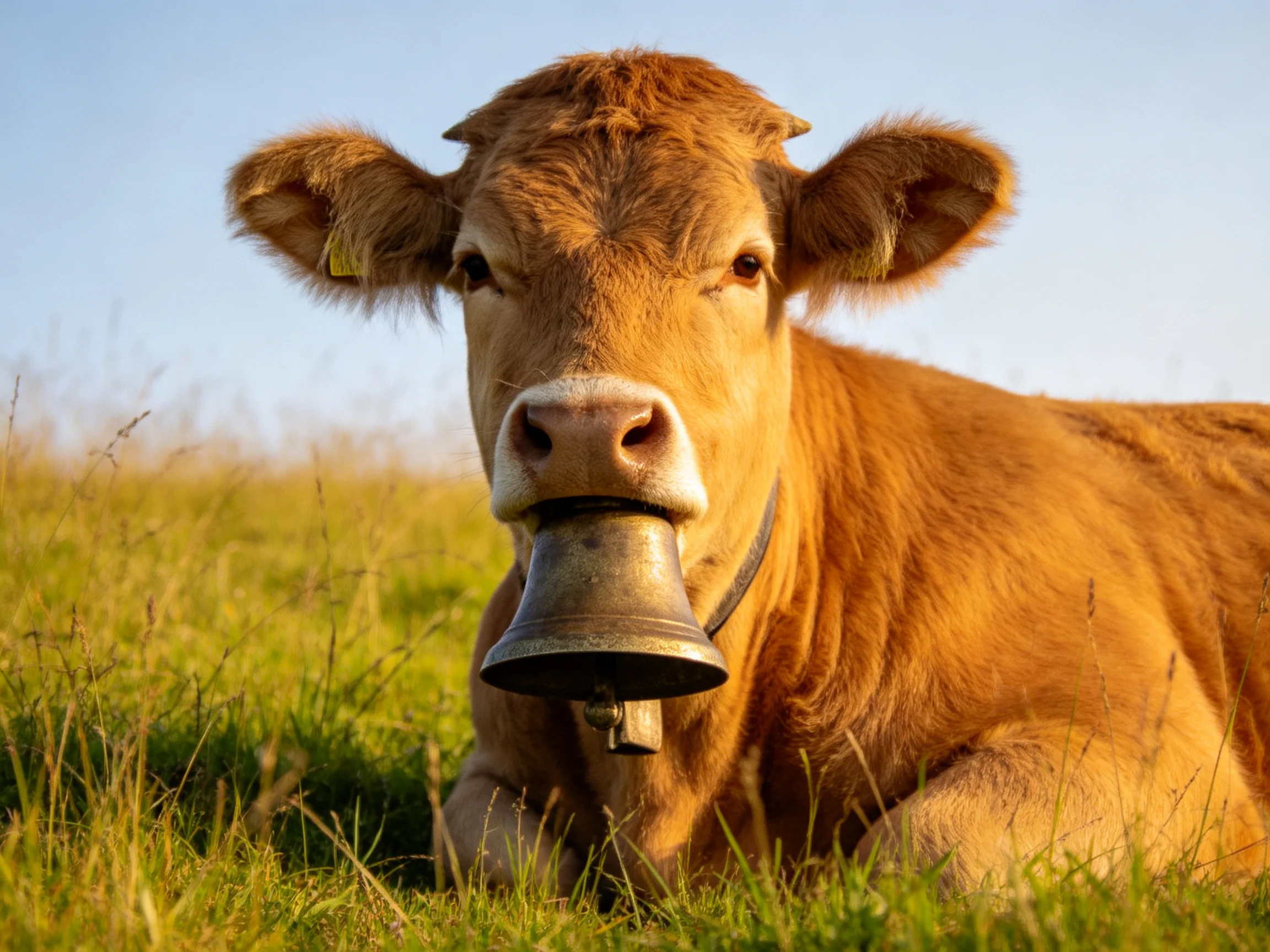 A brown cow resting in a green meadow with a metal bell