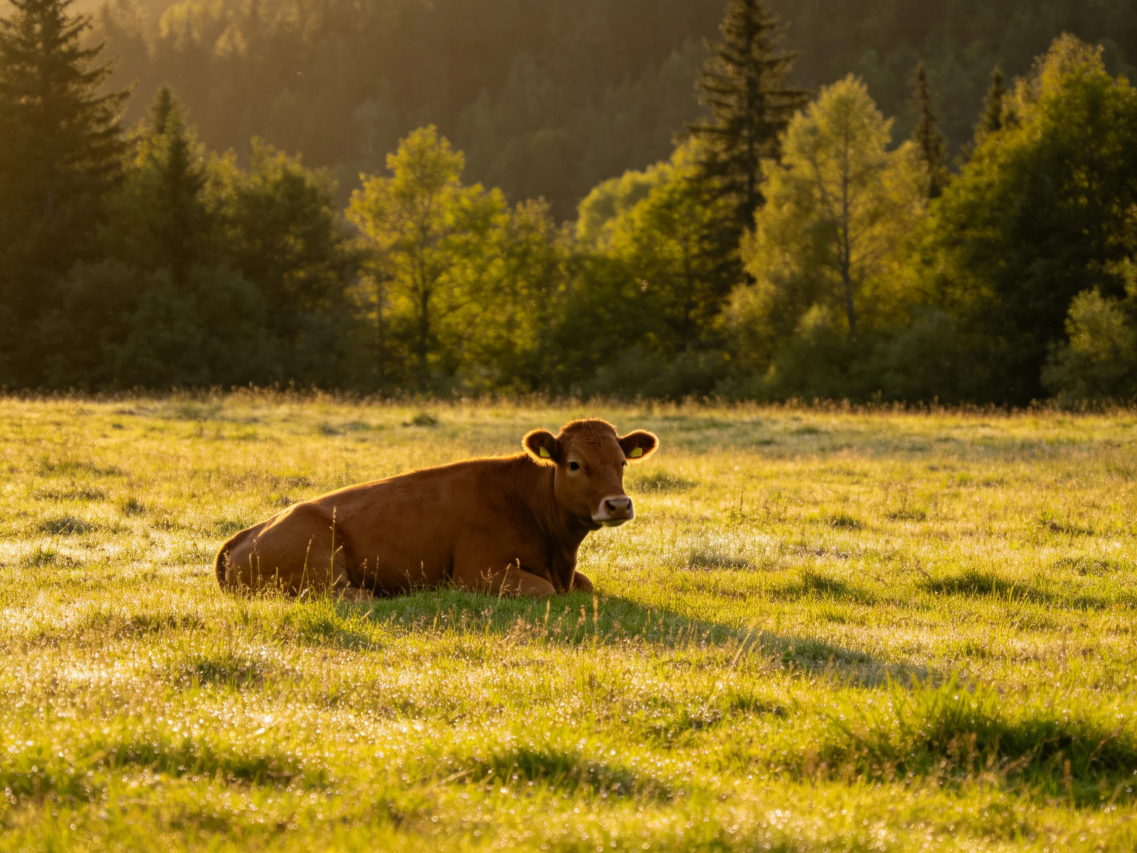 A brown cow resting in a sun-drenched green meadow with forest backdrop