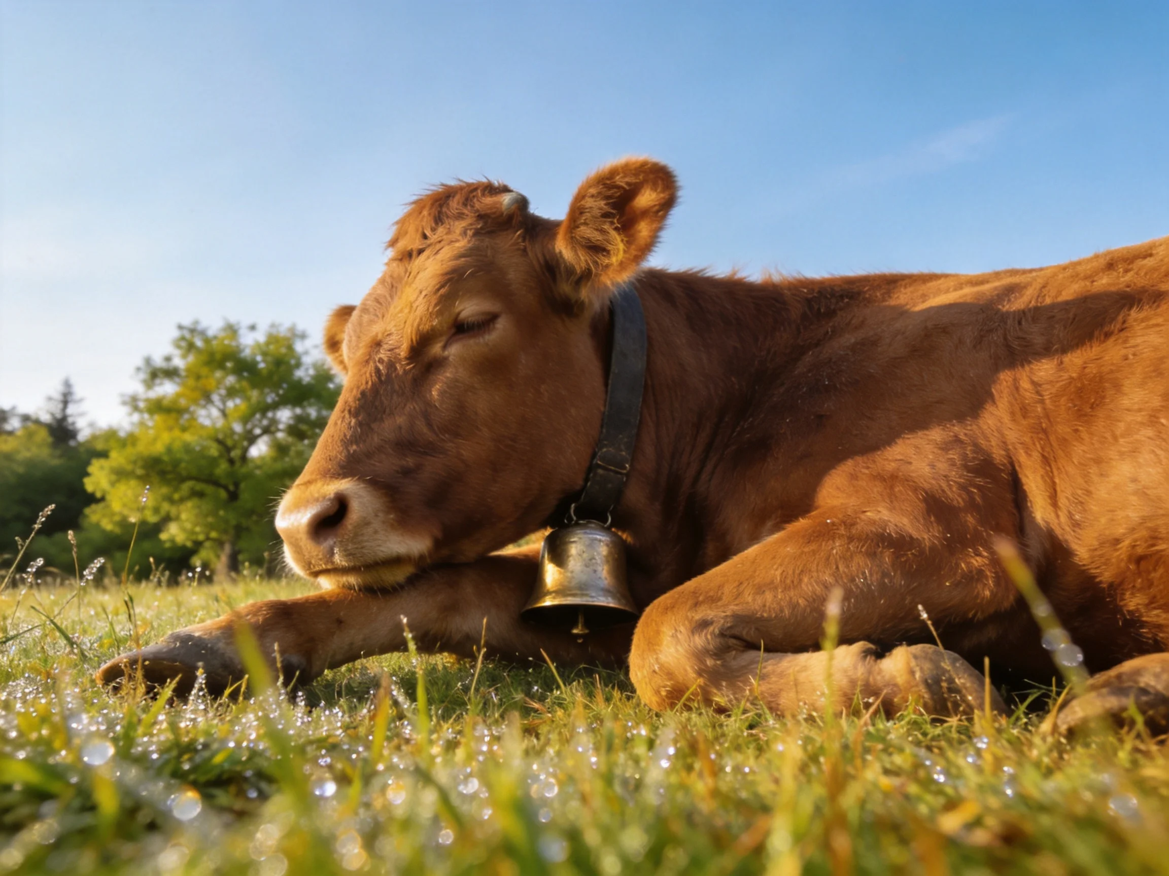 A brown cow resting in dewy green grass with a bell collar