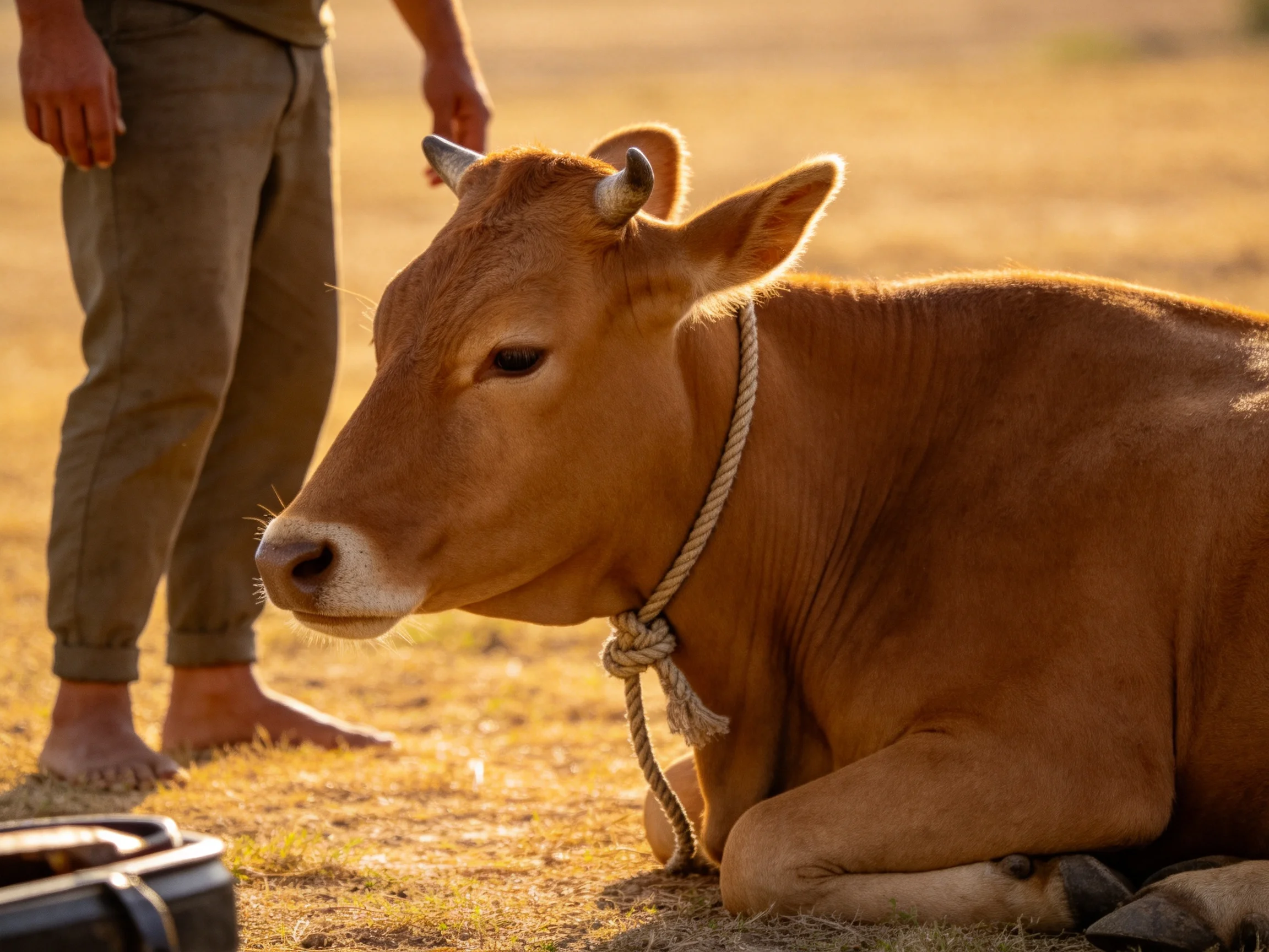 A brown cow rests beside a barefoot person in a sunlit open area.