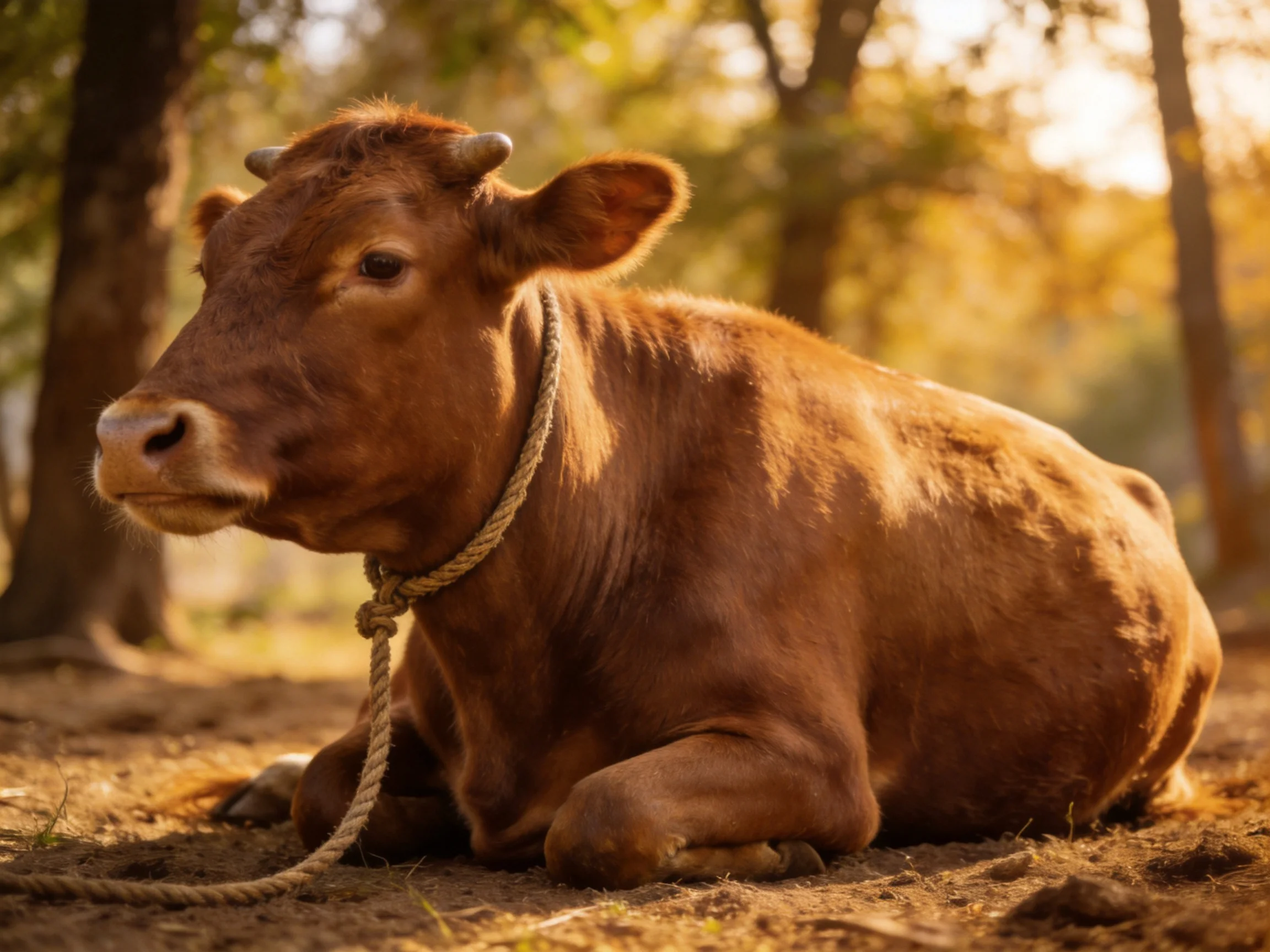 A brown cow resting with a rope collar in a sunlit wooded area