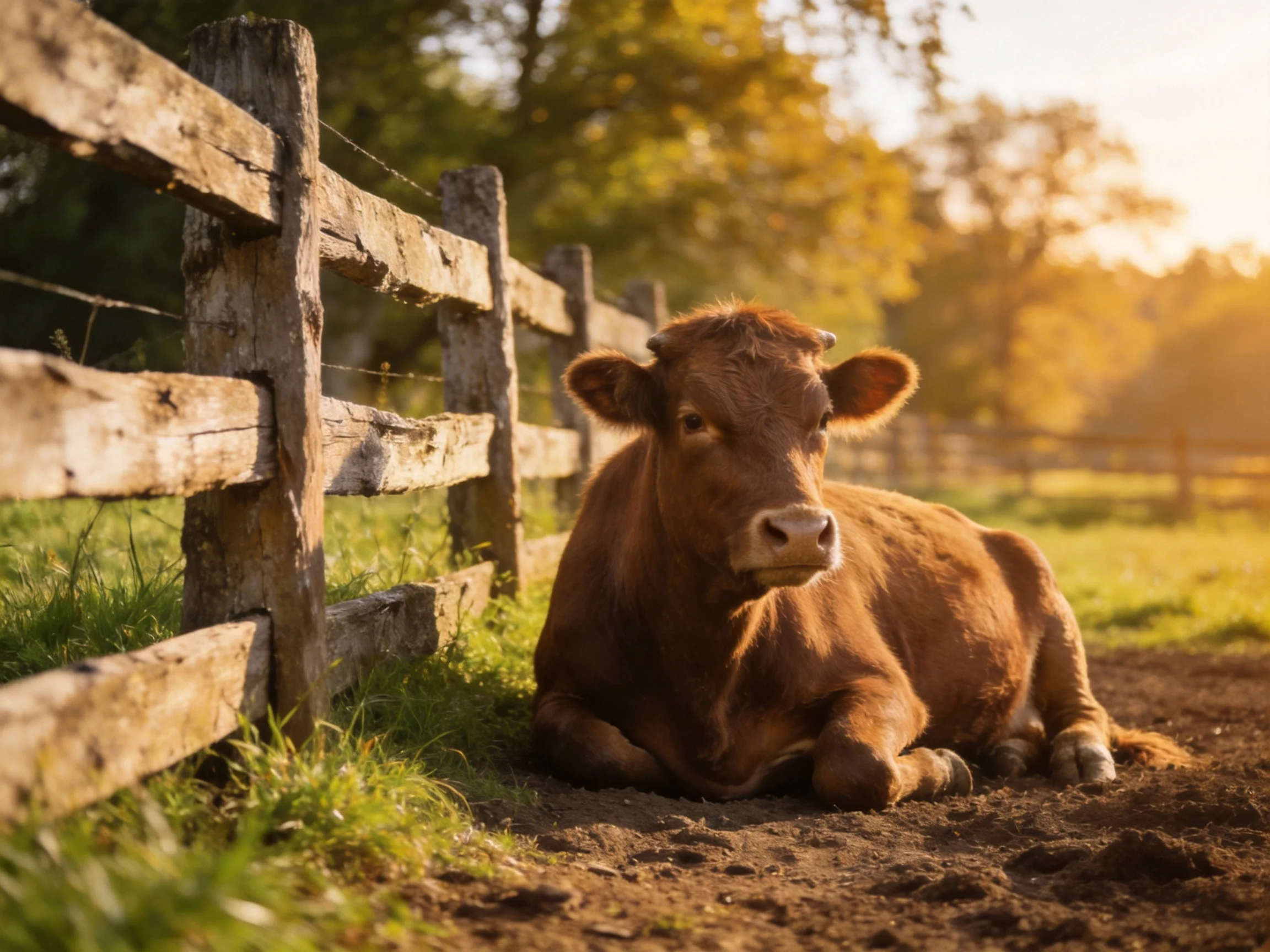 A brown cow rests by an aged wooden fence in a sunlit farm area