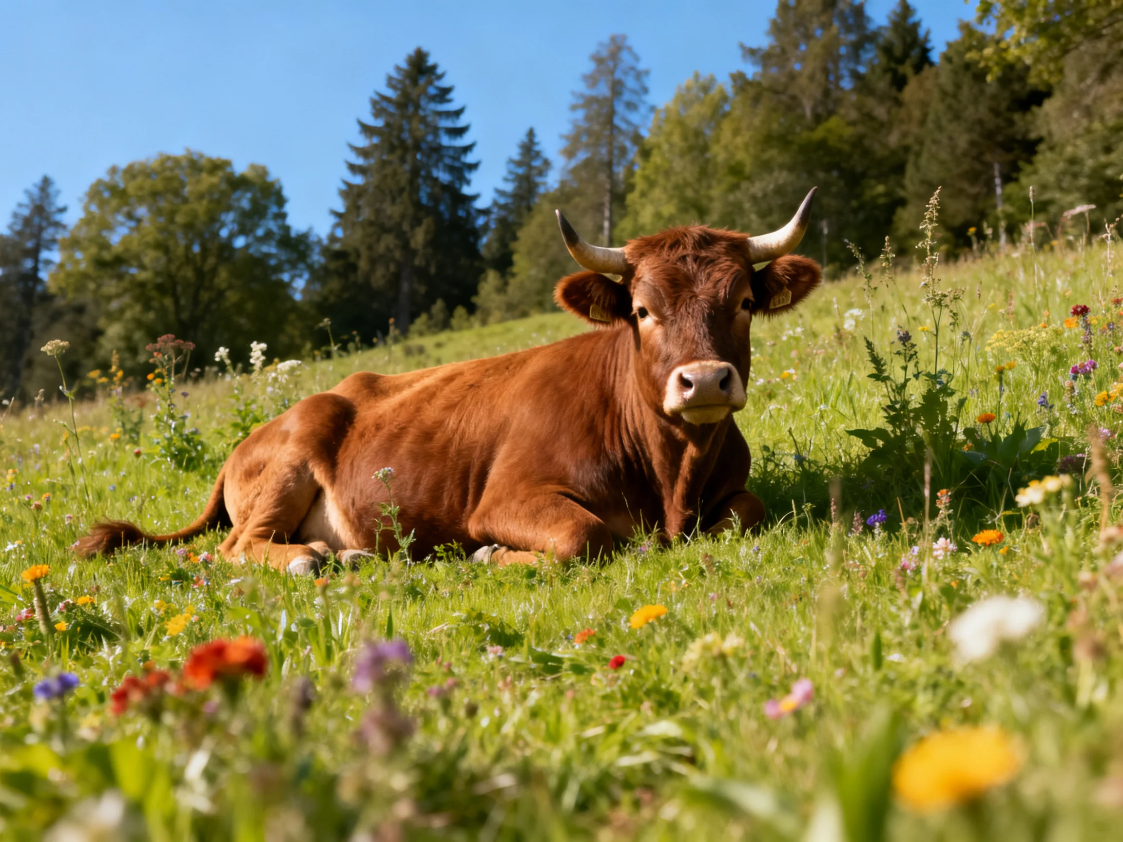 A brown cow rests in a colorful wildflower-filled meadow near forested hills