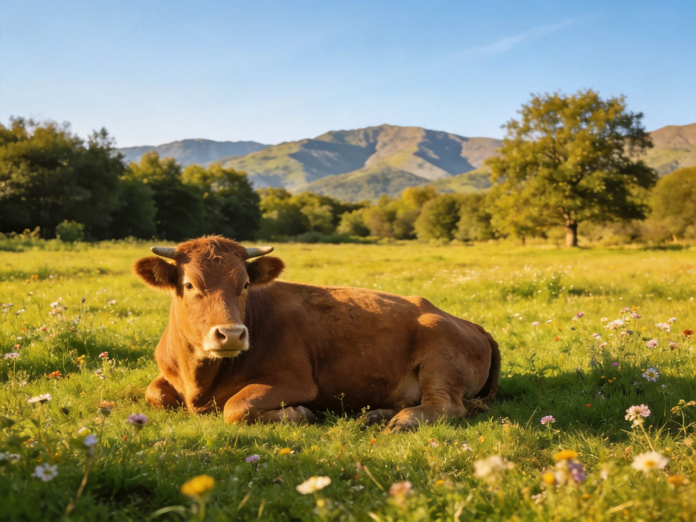 A brown cow relaxes in a meadow with flowers and distant mountains