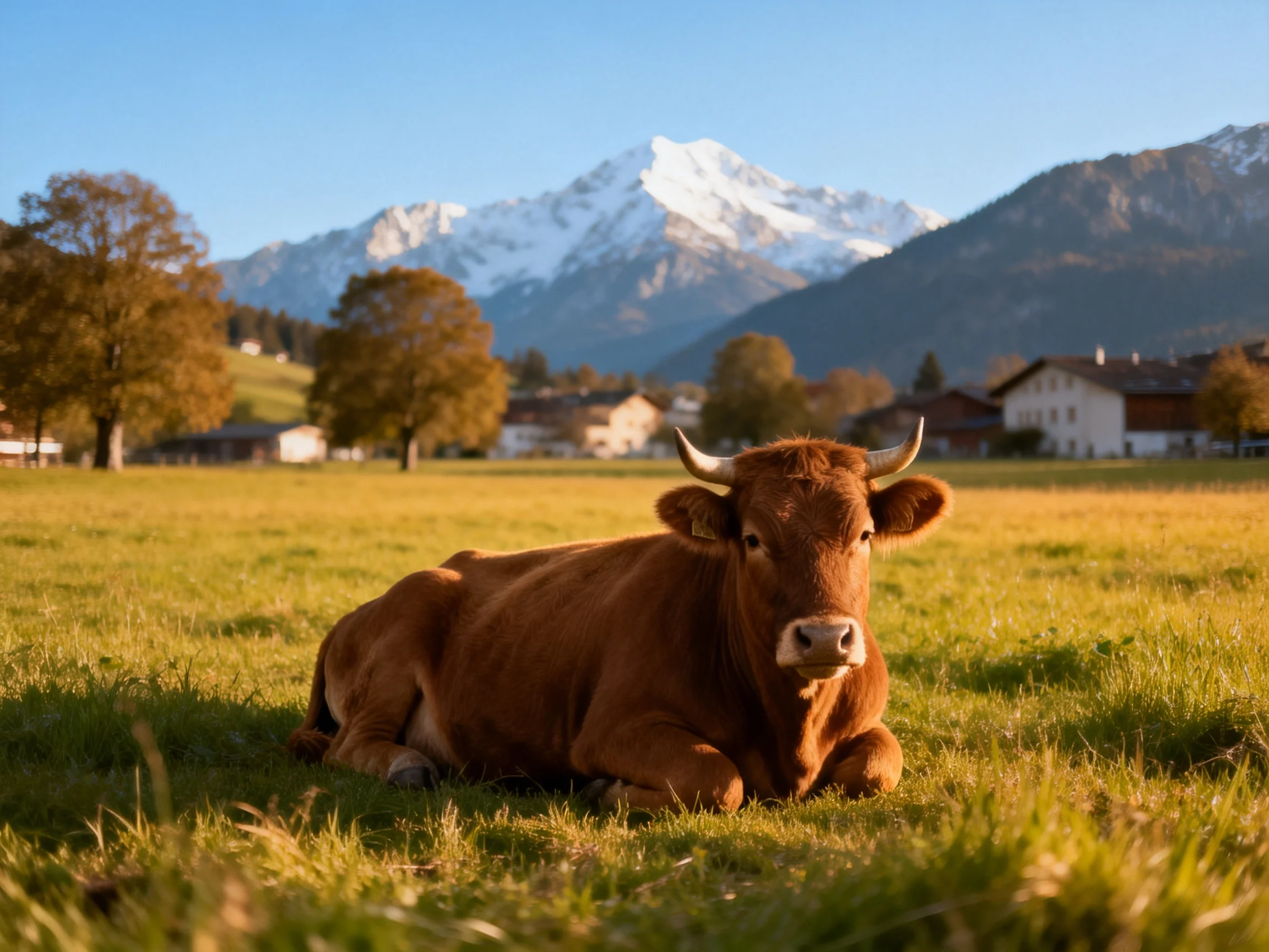 A brown cow relaxes in a sunlit meadow with snow - capped mountains and village homes nearby.