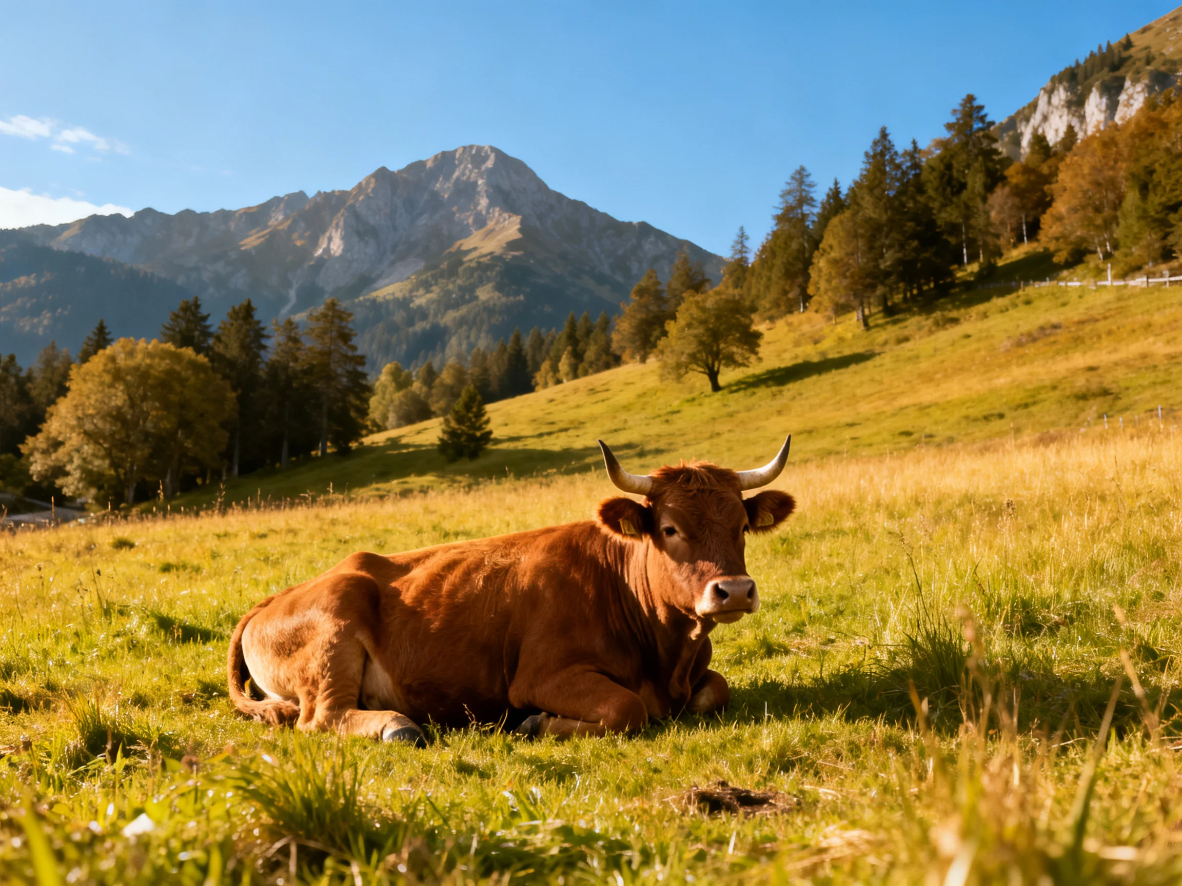 A brown cow rests in a golden meadow near towering mountains