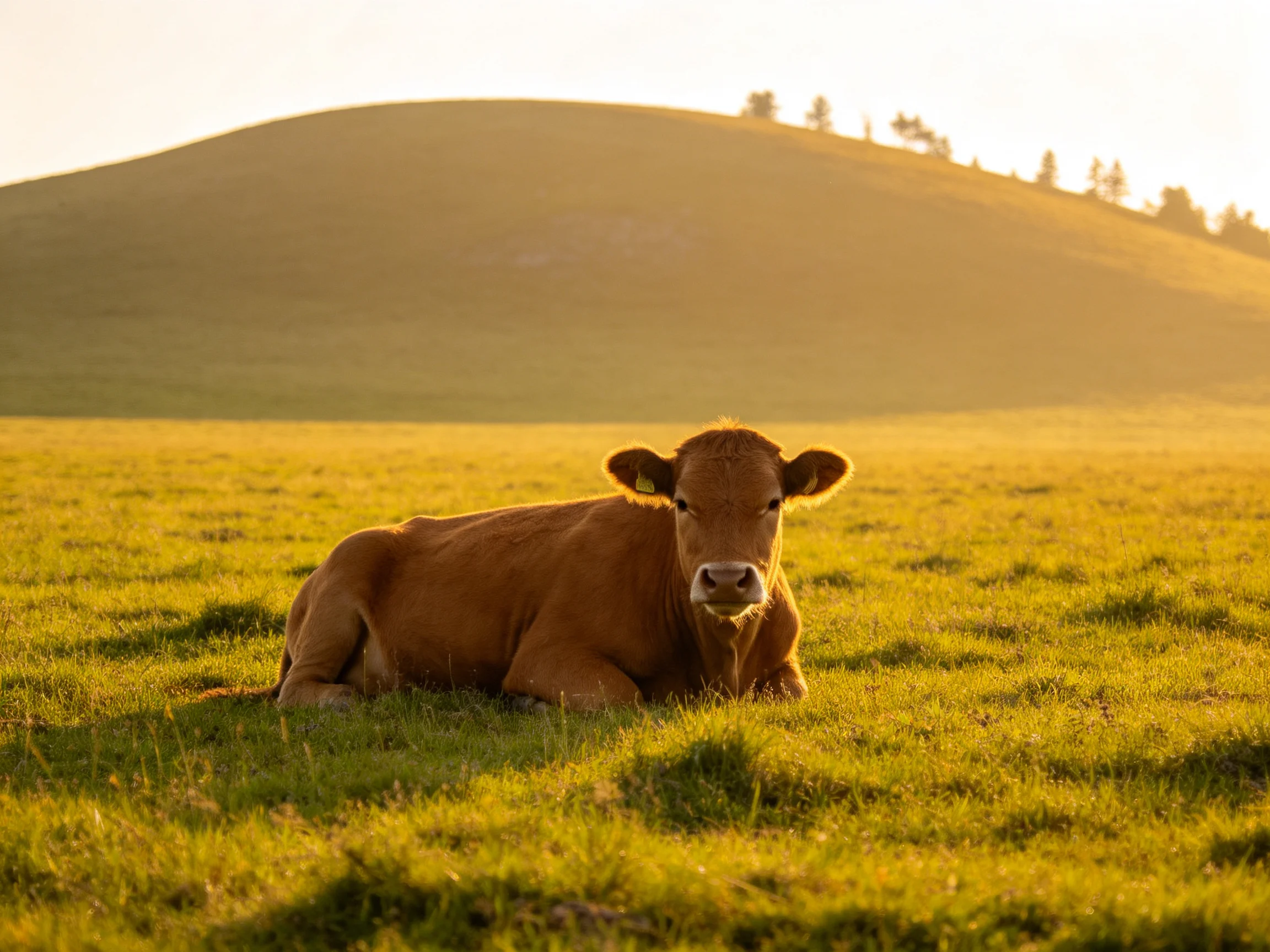A brown cow rests in a golden meadow next to a rolling hill