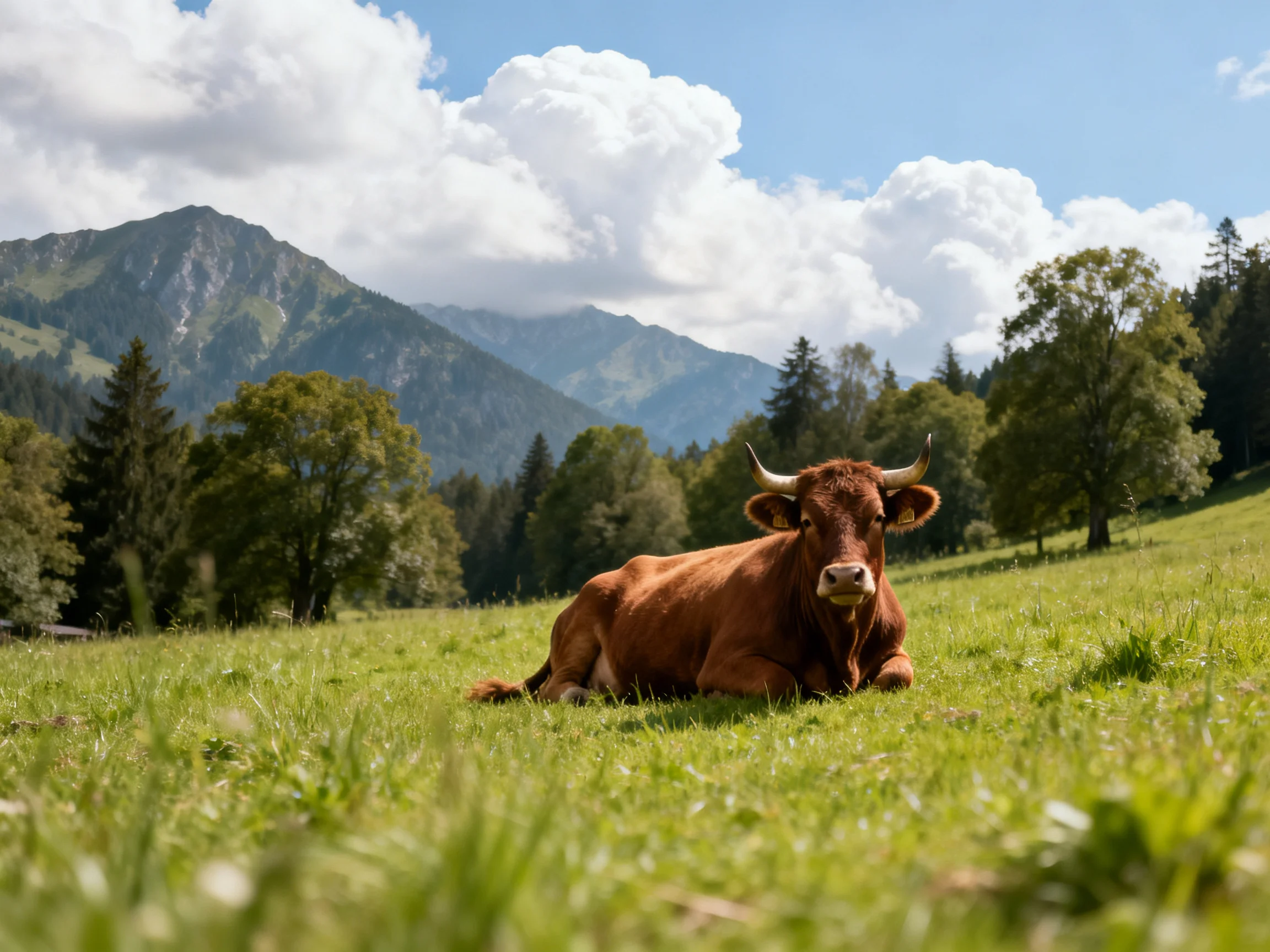 A brown cow rests in a lush green meadow near forested mountains
