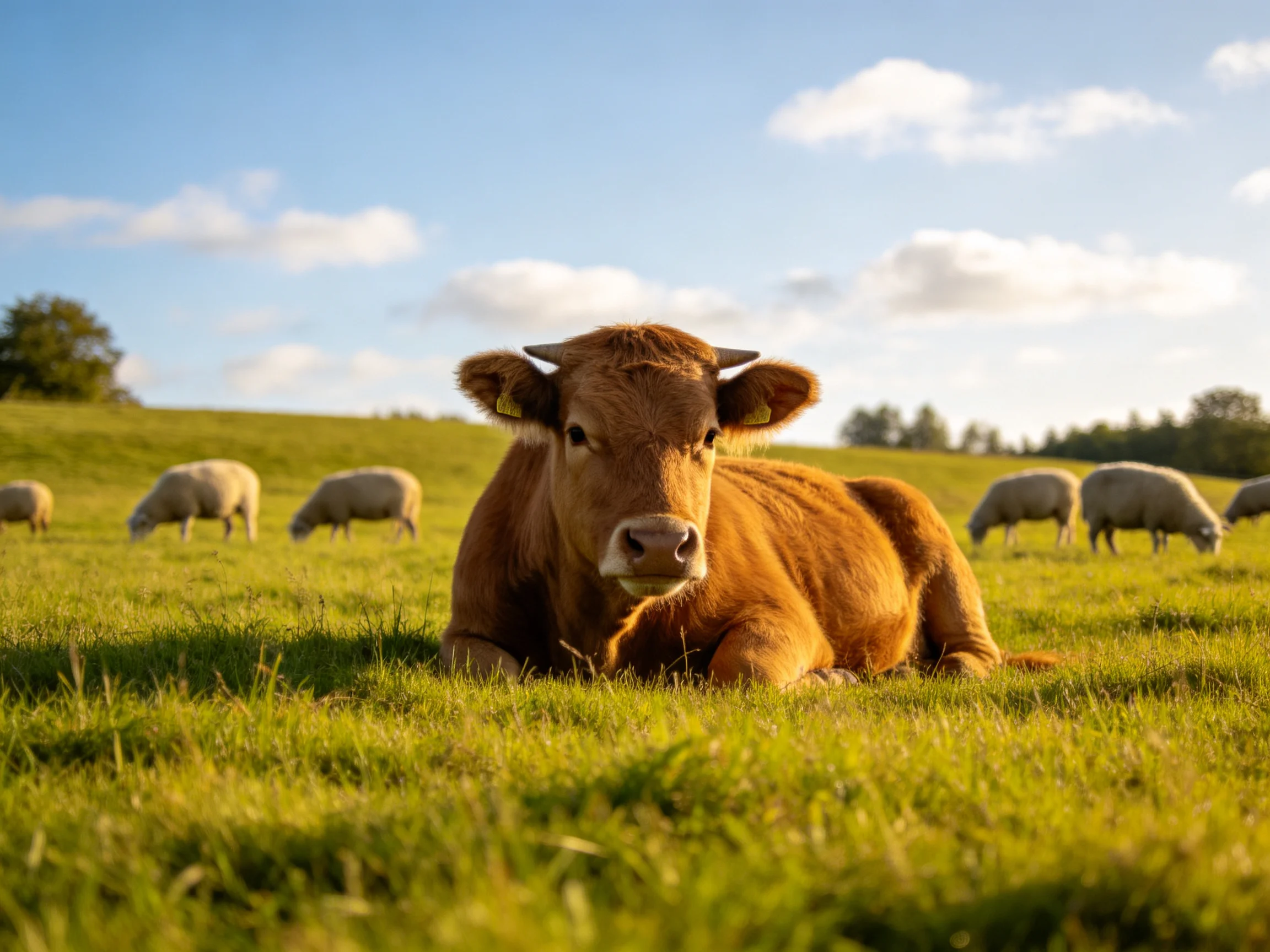A brown cow rests in a lush green meadow with grazing sheep