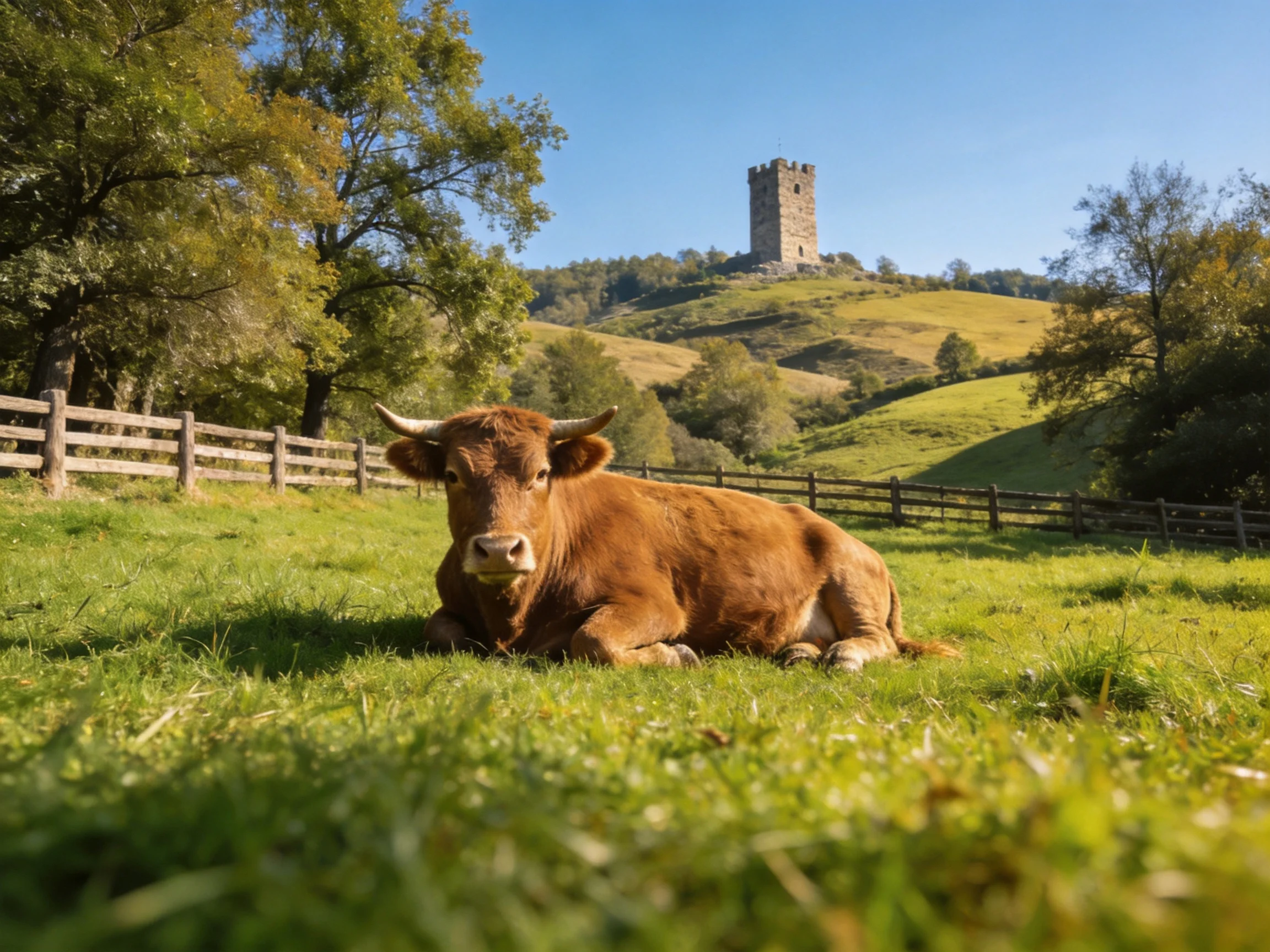 A brown cow rests in a lush green pasture near an ancient stone tower