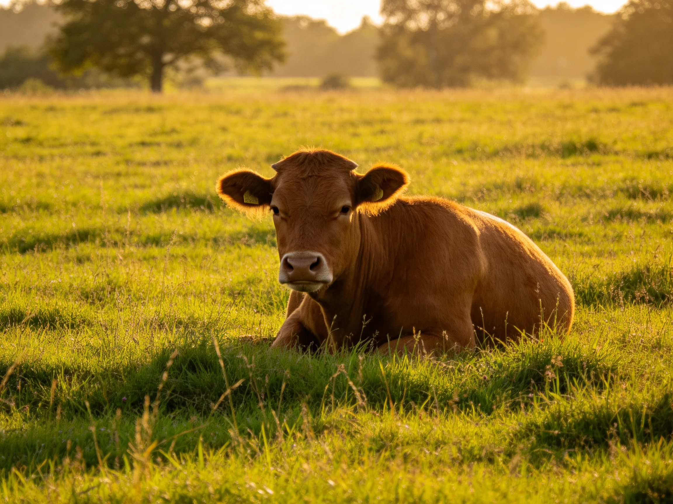 A brown cow rests in a sun-drenched green pasture with distant trees