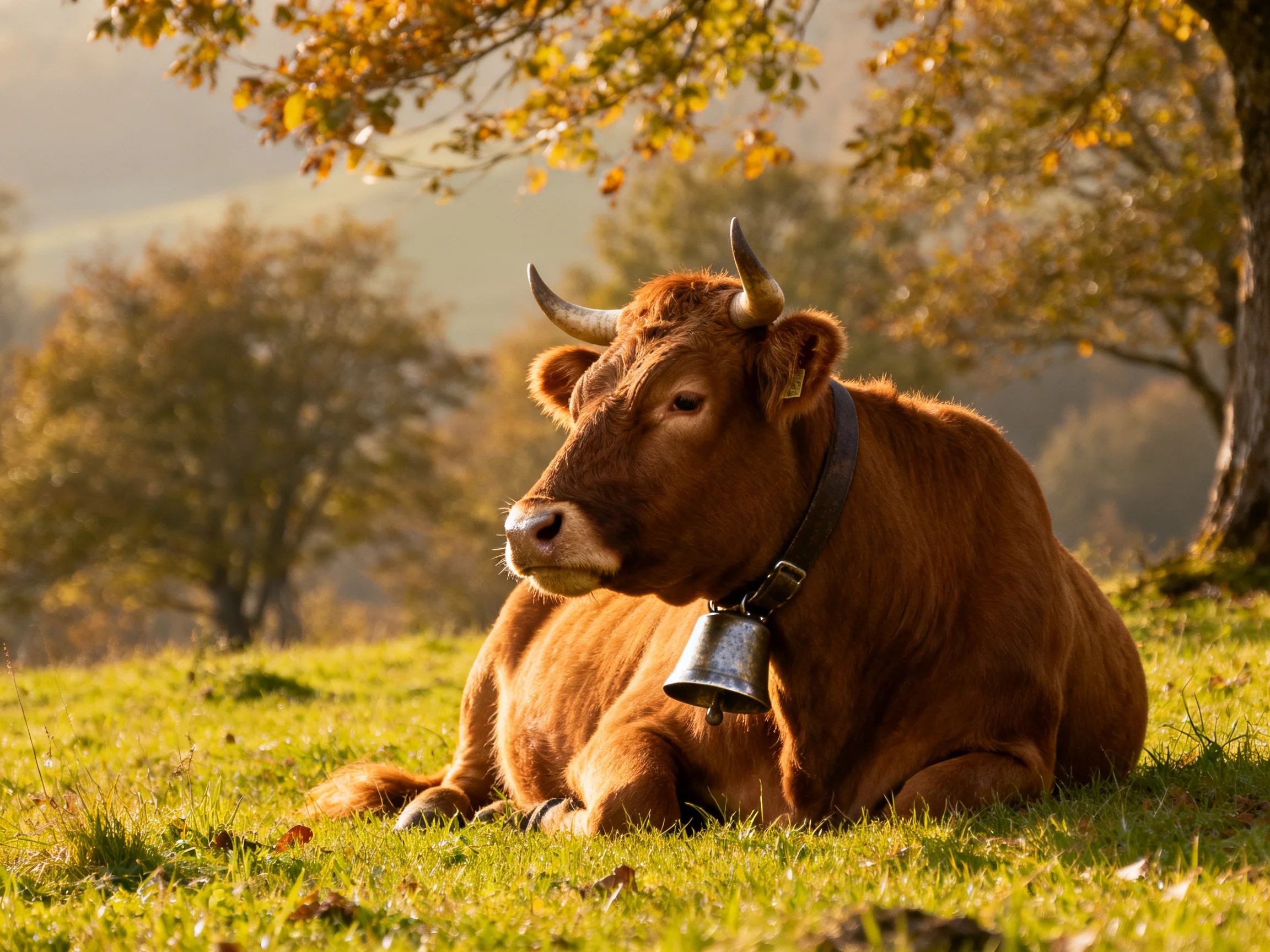 A brown cow rests in a sun-drenched meadow near autumnal trees