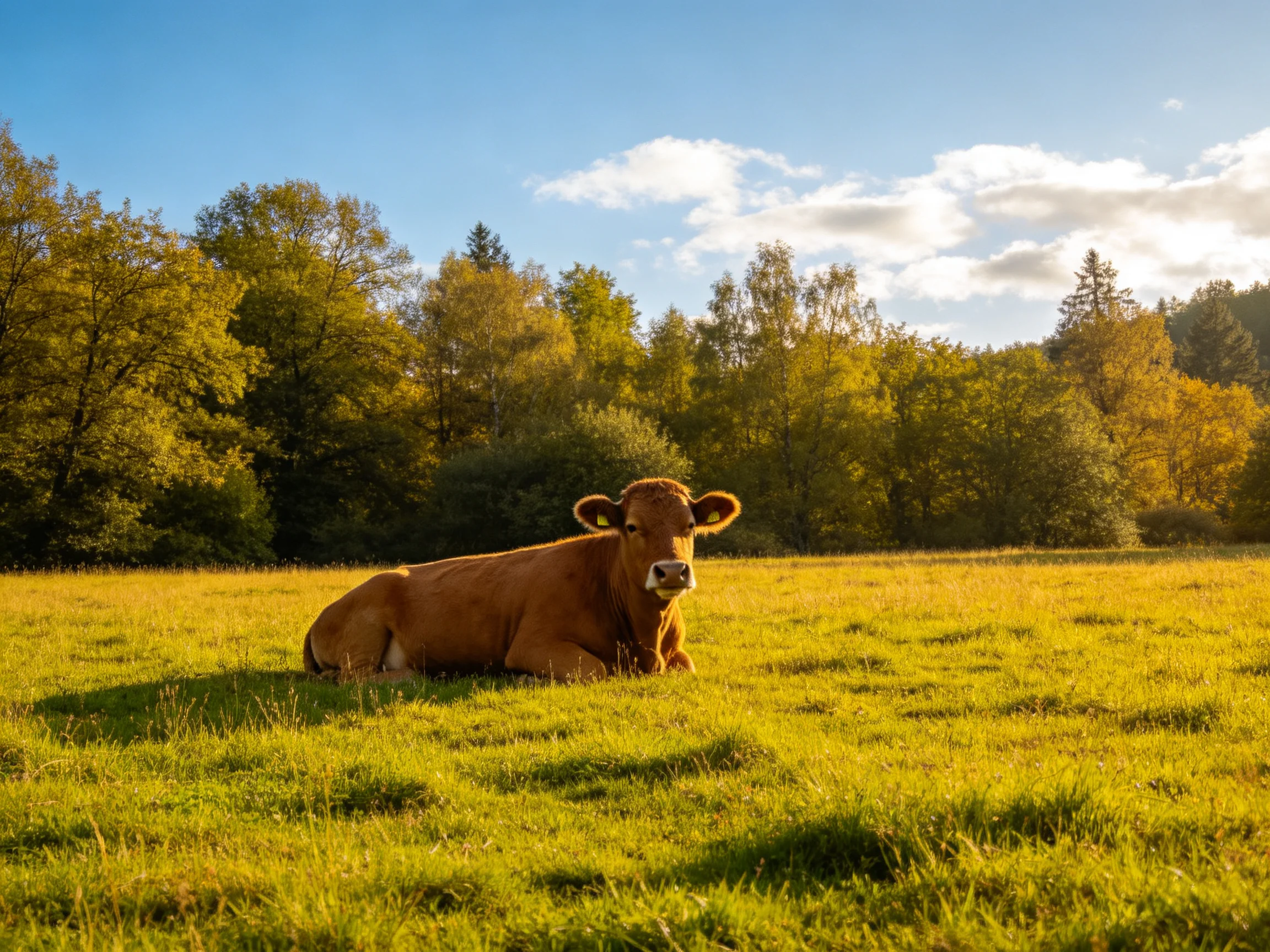 A brown cow relaxes in a sunlit meadow with surrounding trees