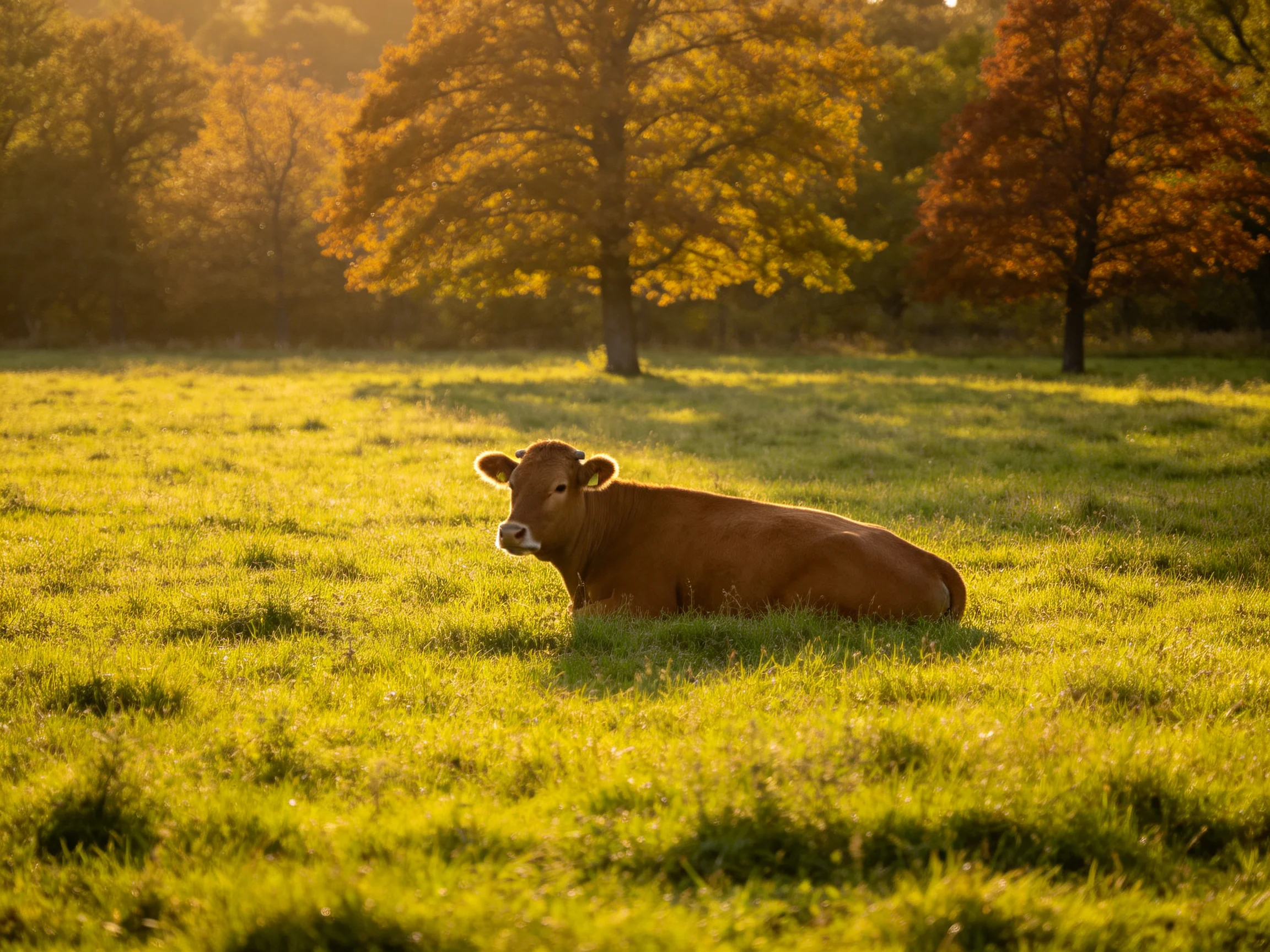 A brown cow relaxes in a sunlit meadow with autumn-colored trees nearby.