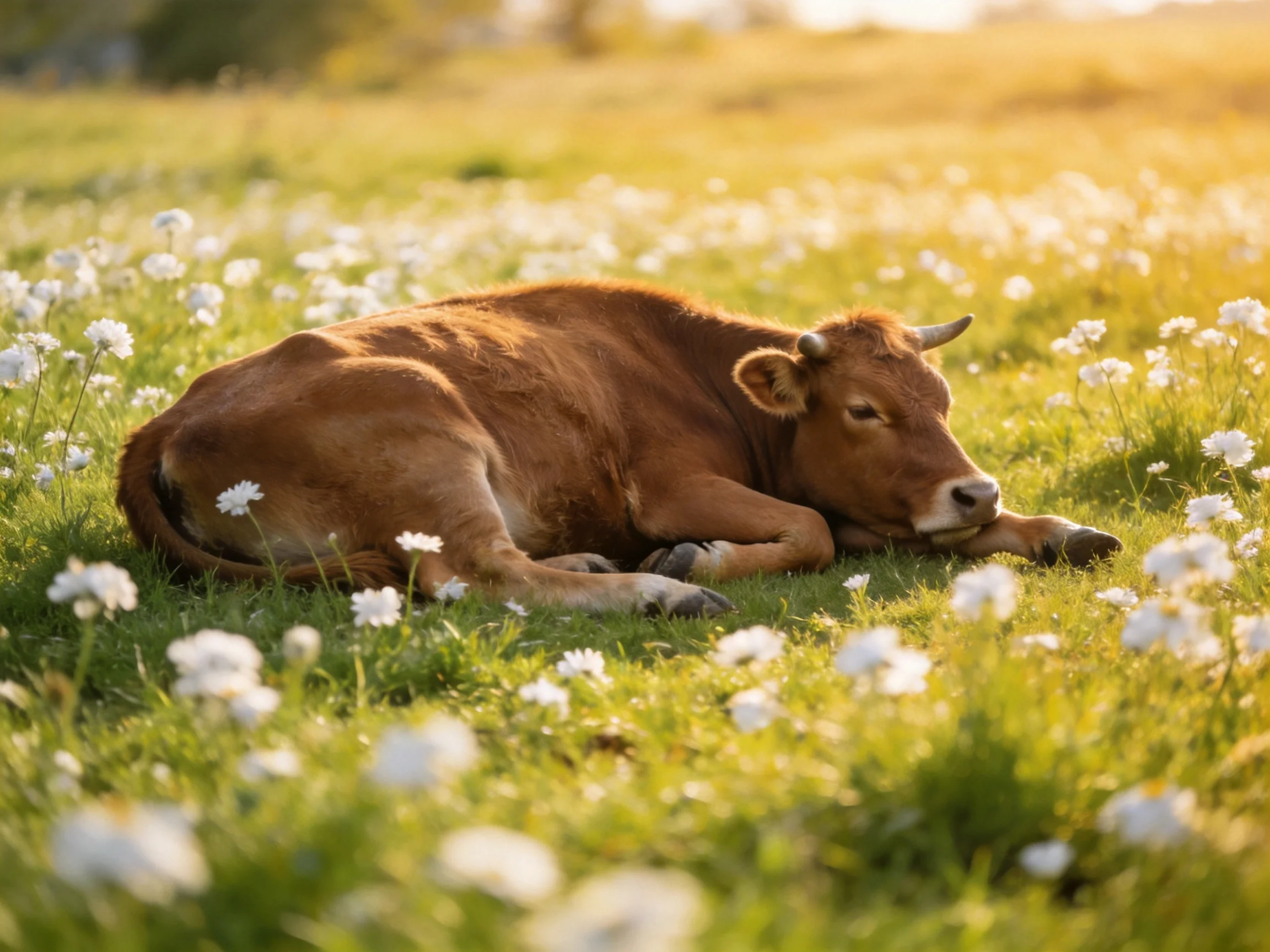 A brown cow lies peacefully among white wildflowers in a sunlit meadow.