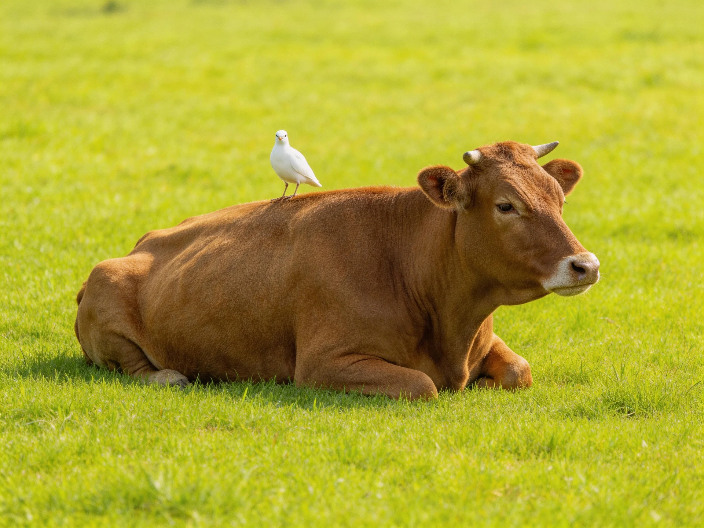 A brown cow rests in lush green grass with a small white bird on its back