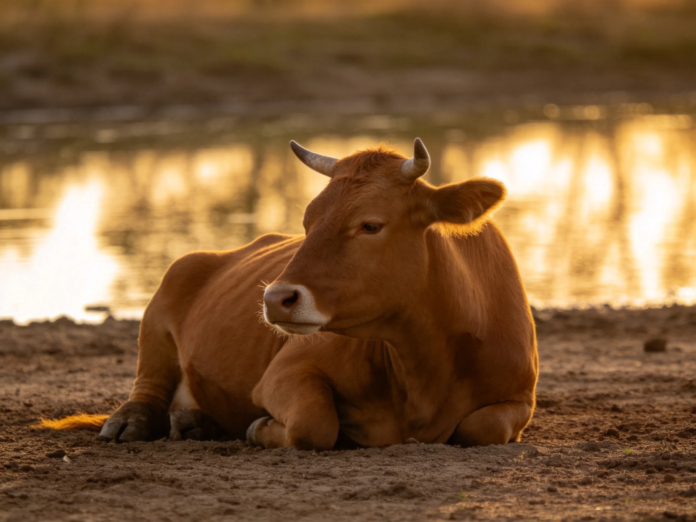 A brown cow rests calmly by water under golden sunlight.