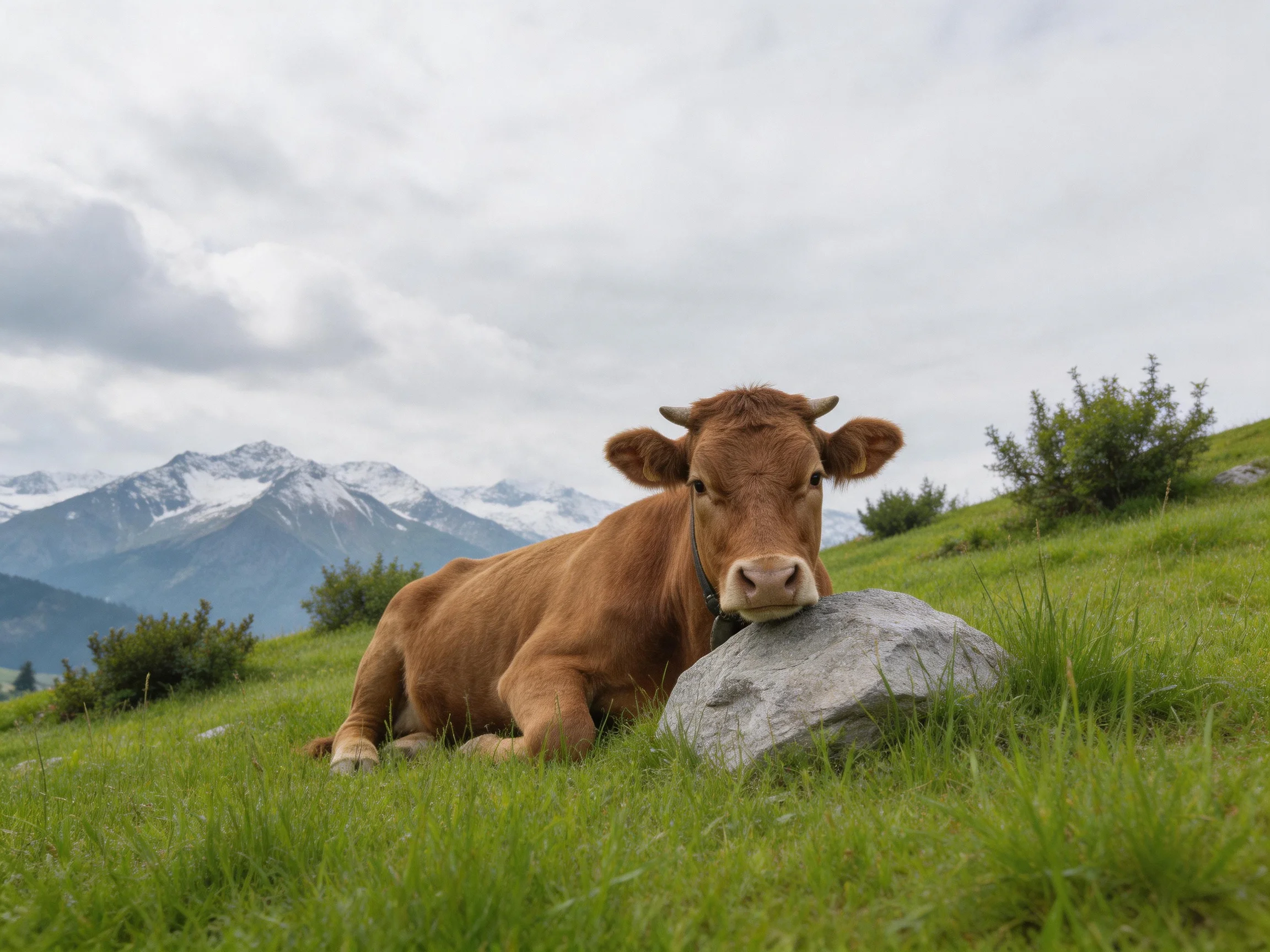 A brown cow rests near a gray rock with snow-capped mountains behind