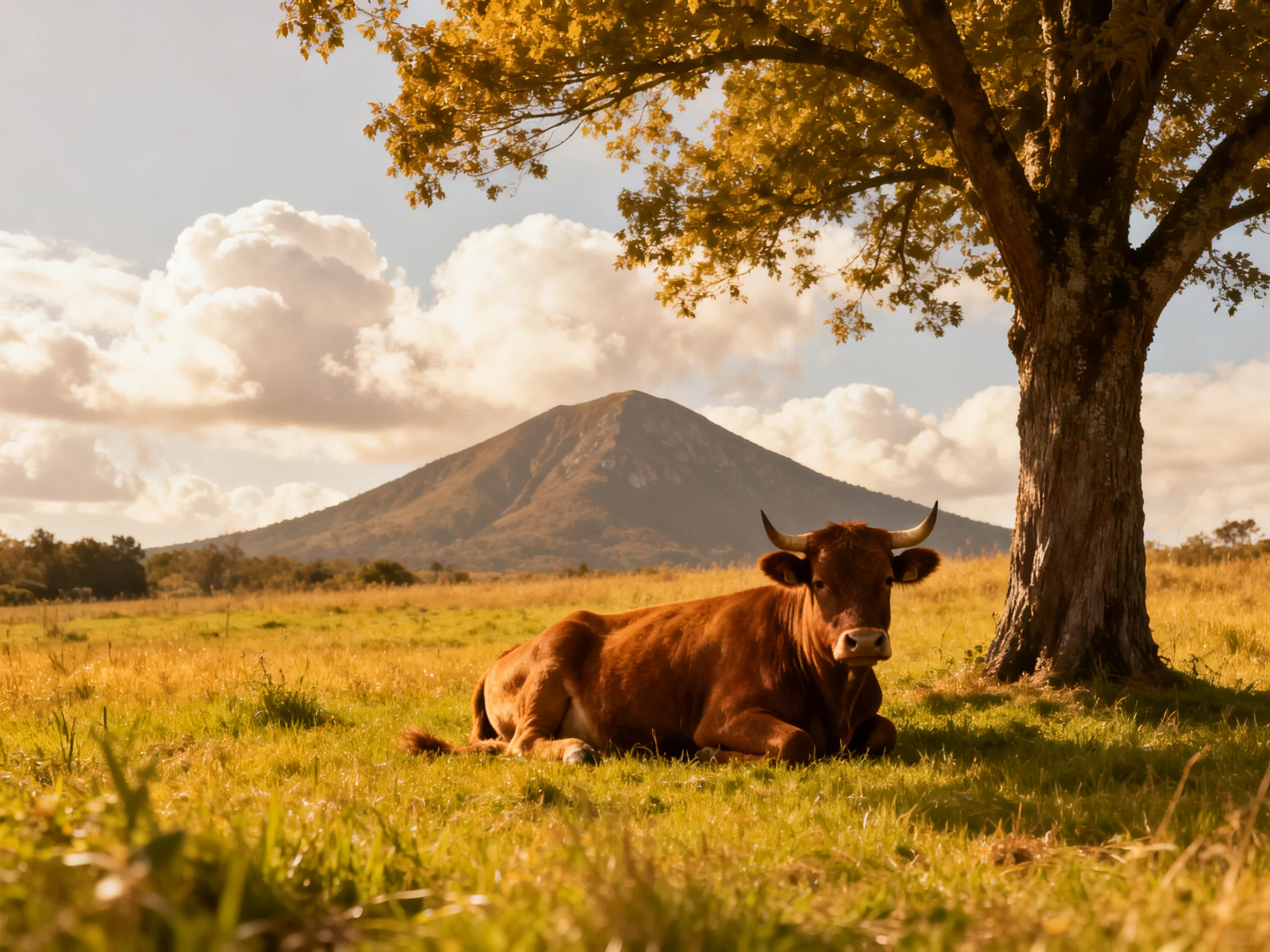 A brown cow rests near a large tree with a distant mountain