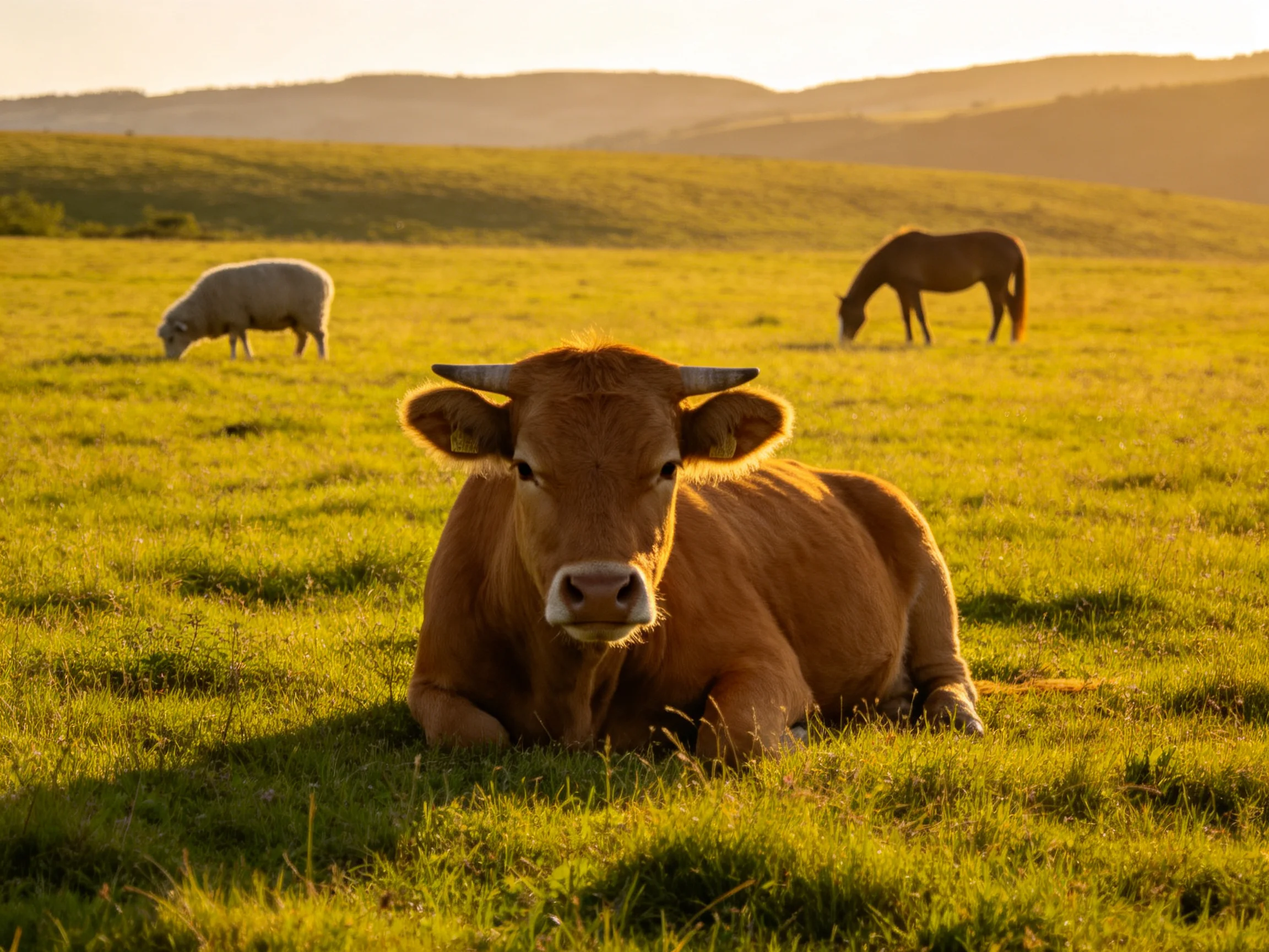 A brown cow lies in a sunlit meadow with grazing sheep and a horse.