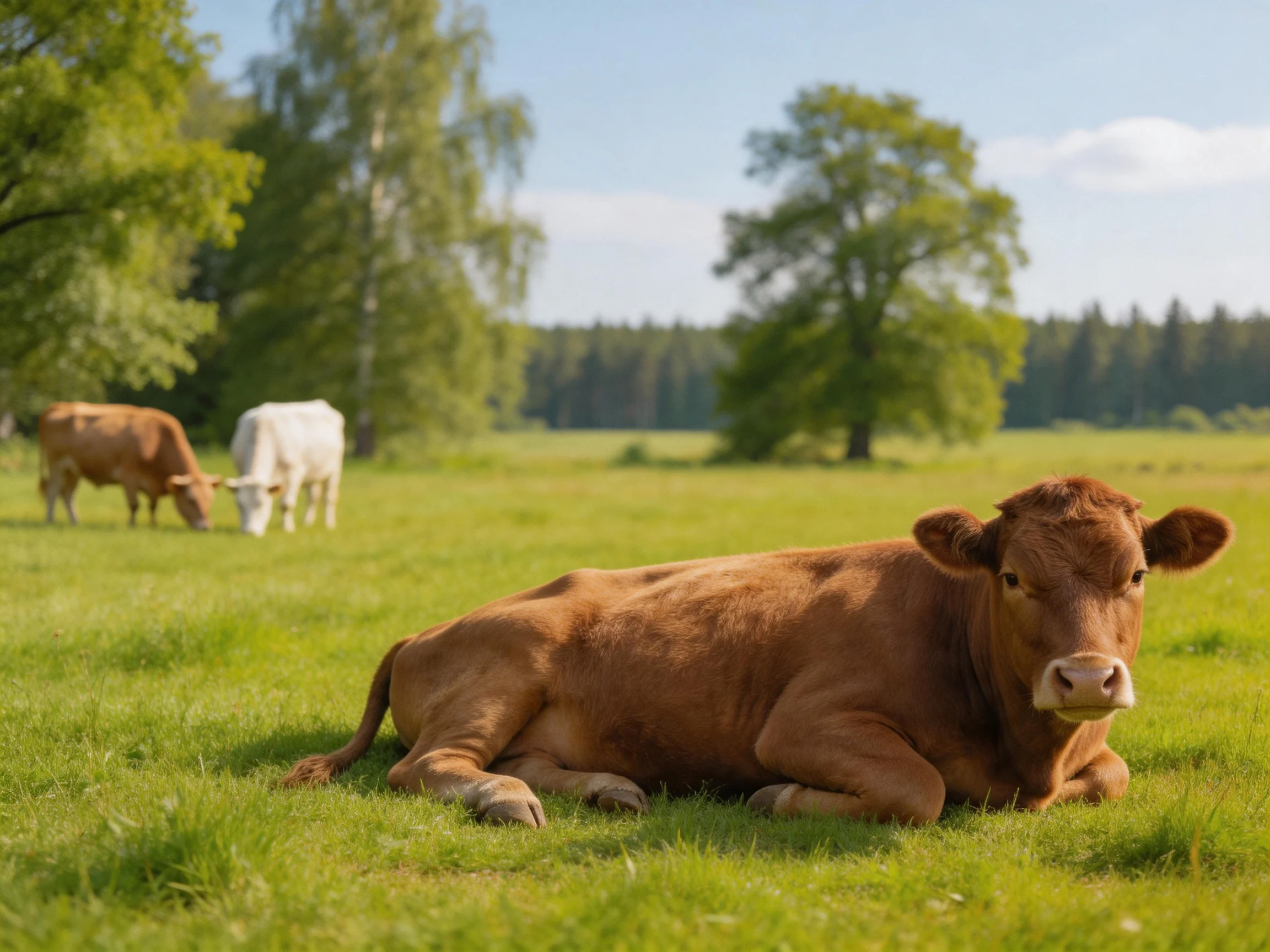 A brown cow rests near two grazing cows in a sunlit meadow with tall trees
