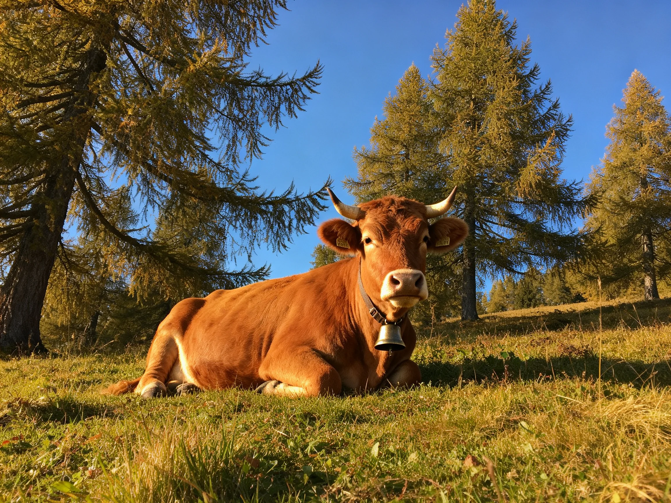A brown cow rests on a grassy hillside among tall evergreen trees