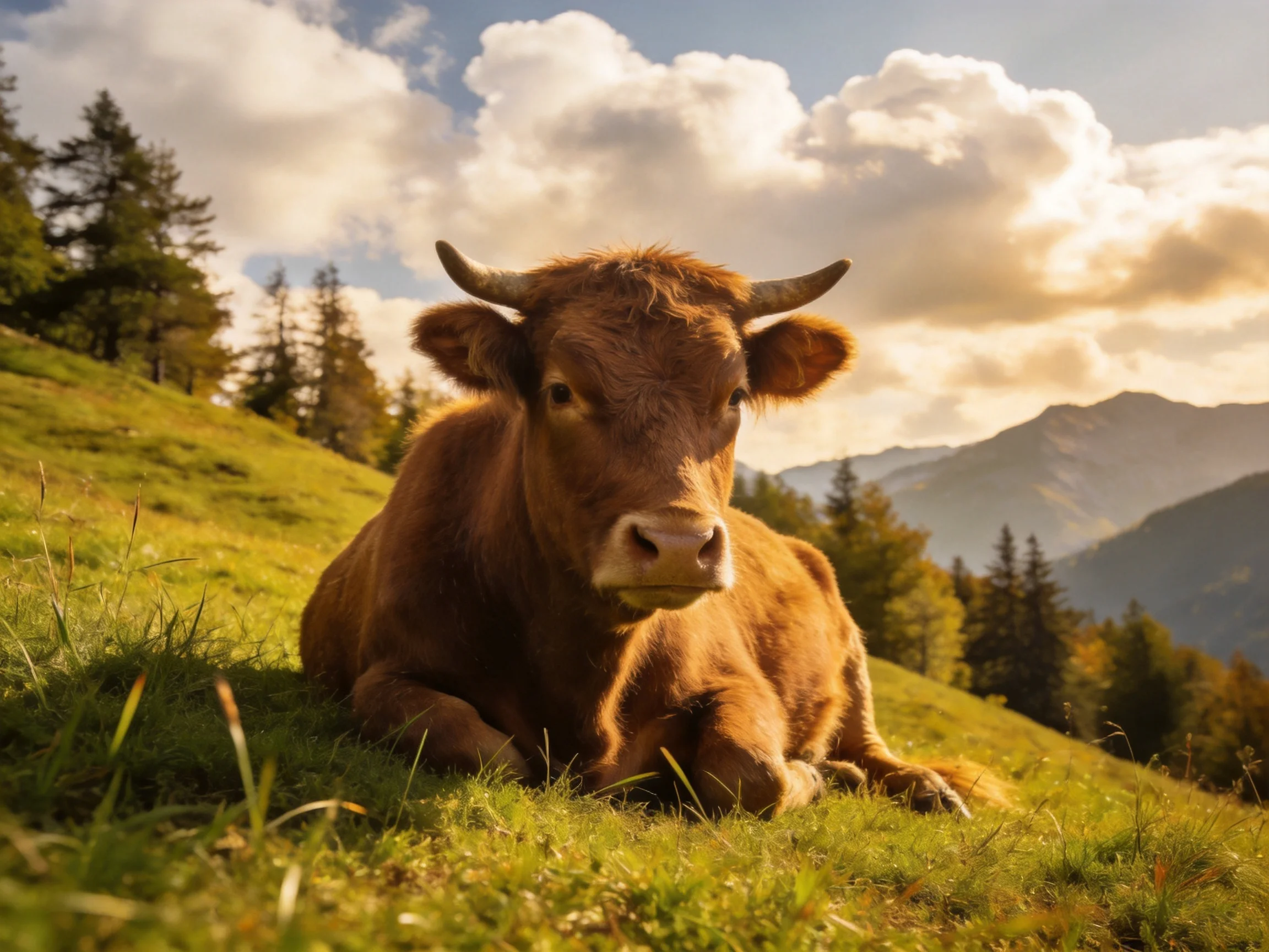 A brown cow rests on a green hillside with forested mountains