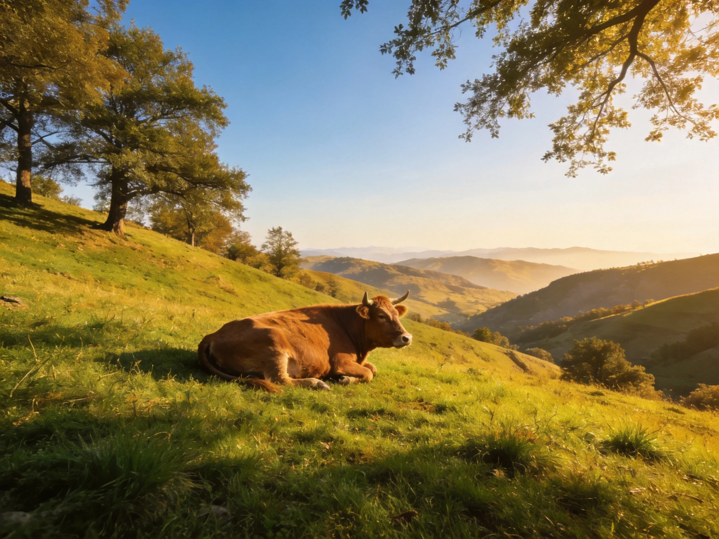 A brown cow rests on a lush green hillside under golden sunlight