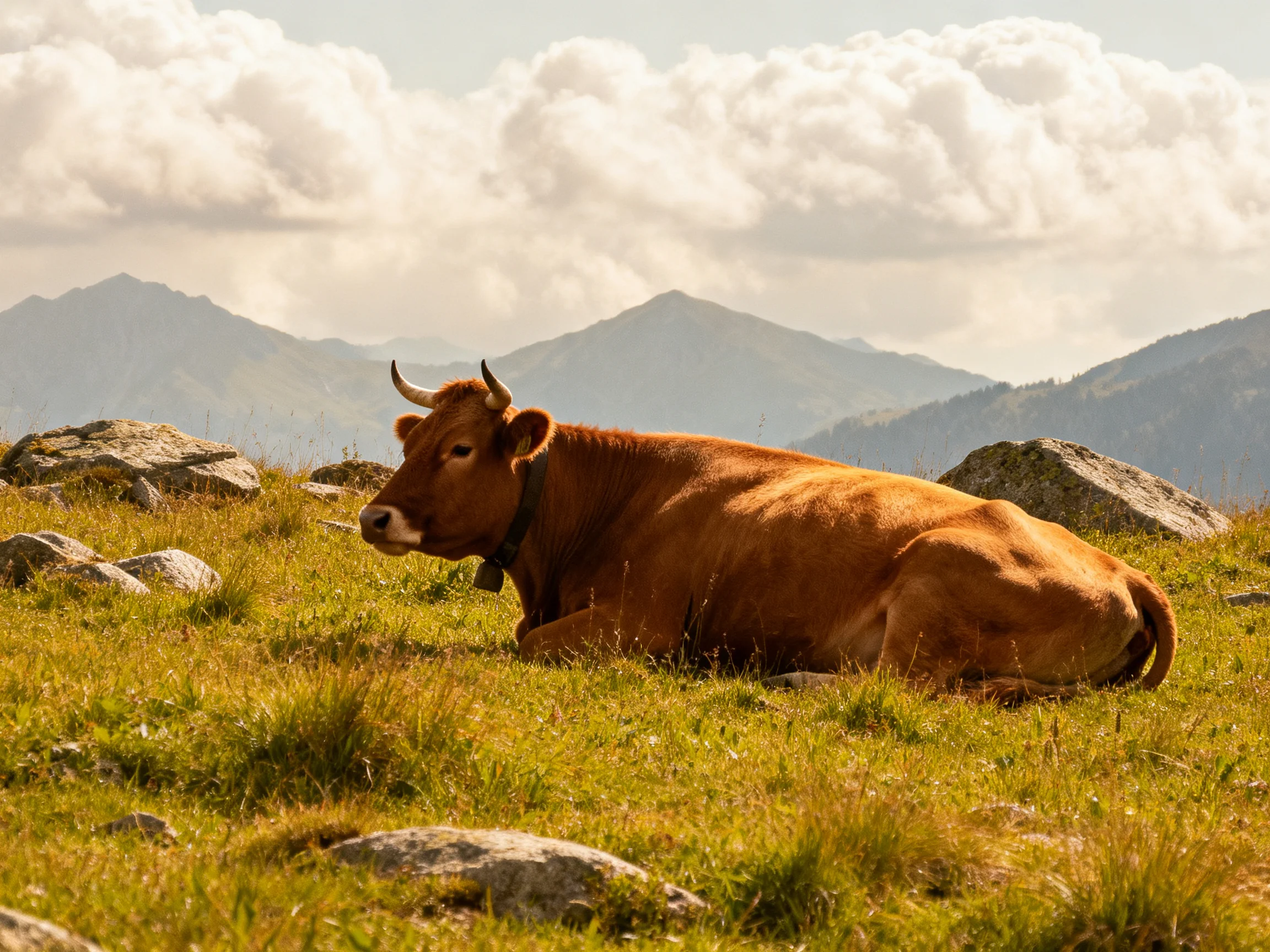 A brown cow rests on a rocky mountain meadow with distant peaks